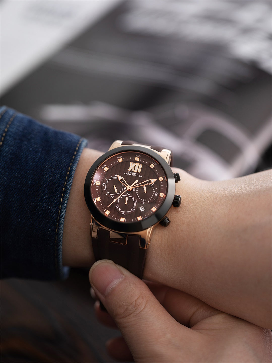 French Connection Imperio | Quartz Chronograph | Brown Dial | Silver Brown Silicone Strap | Watch for Men - FCP48BR