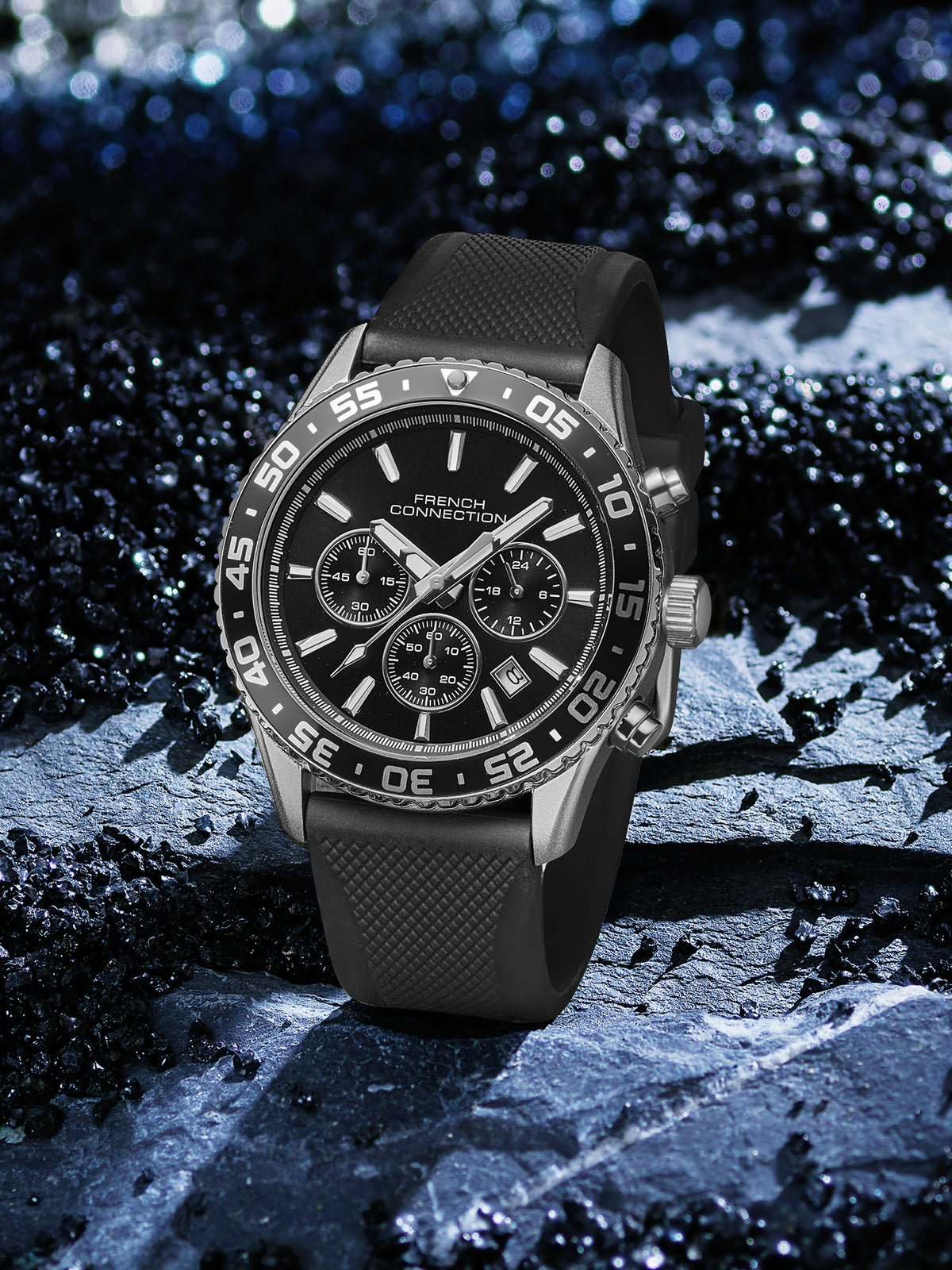 French Connection Raptor | Quartz Chronograph | Black Dial | Black Silicone Strap | Watch for Men - FCP50NB