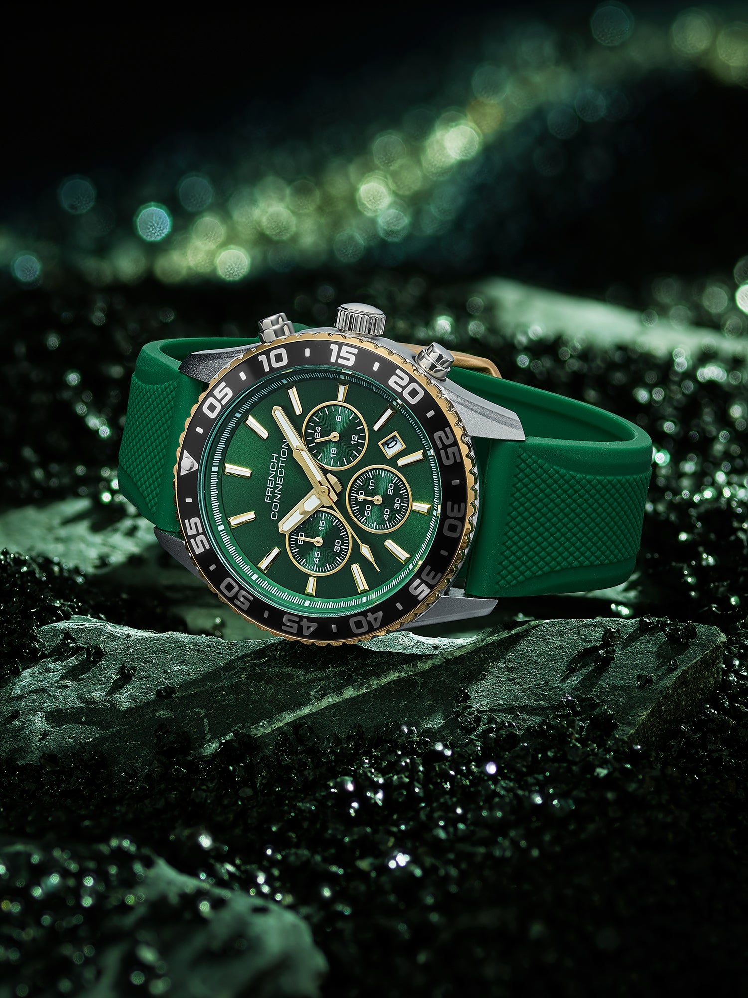 French Connection Raptor | Quartz Chronograph | Green Dial | gREEN Silicone Strap | Watch for Men - FCP50NB