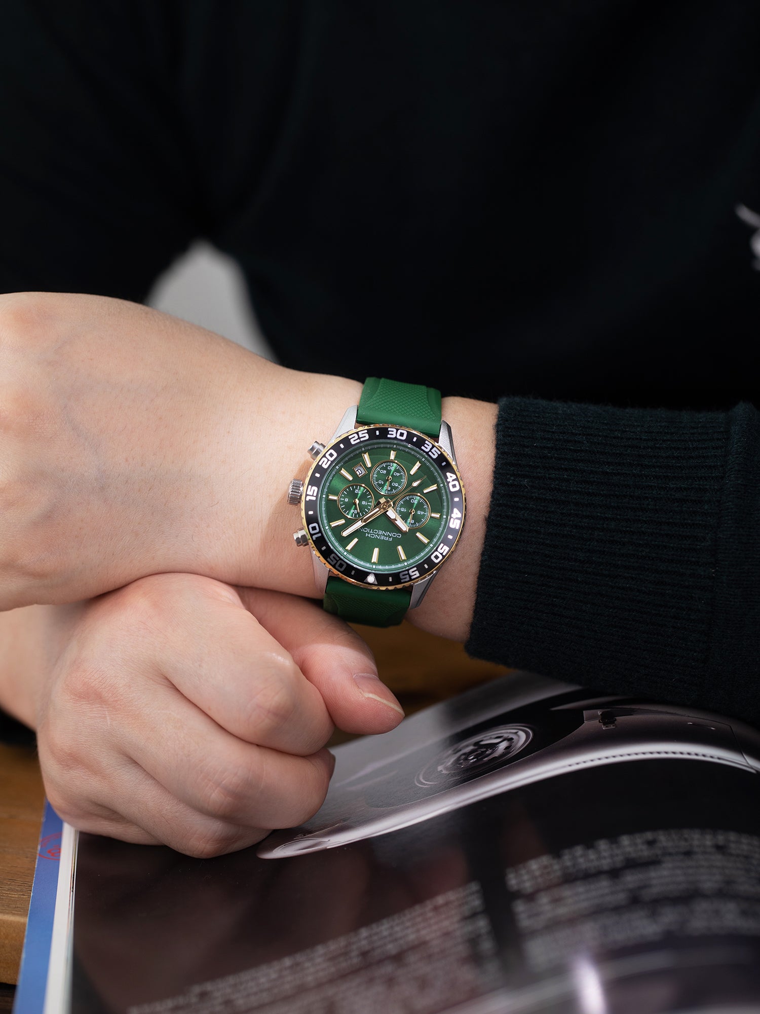 French Connection Raptor | Quartz Chronograph | Green Dial | gREEN Silicone Strap | Watch for Men - FCP50NB