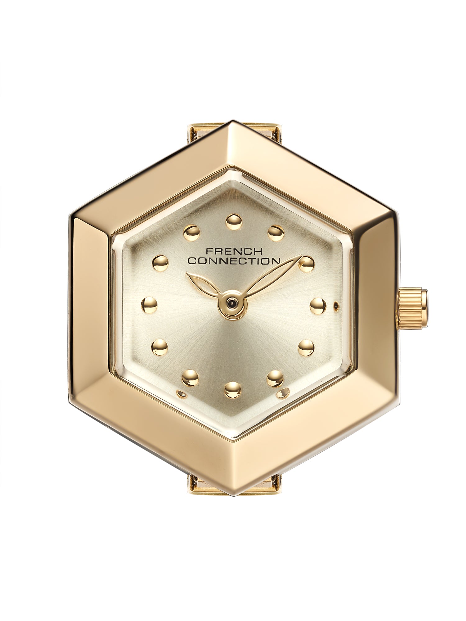 French Connection Women's Gold Sunray Dial Analog Ring Watch FCR02GM | Gold Stainless Steel Flexible Band | Hexagonal Case Design