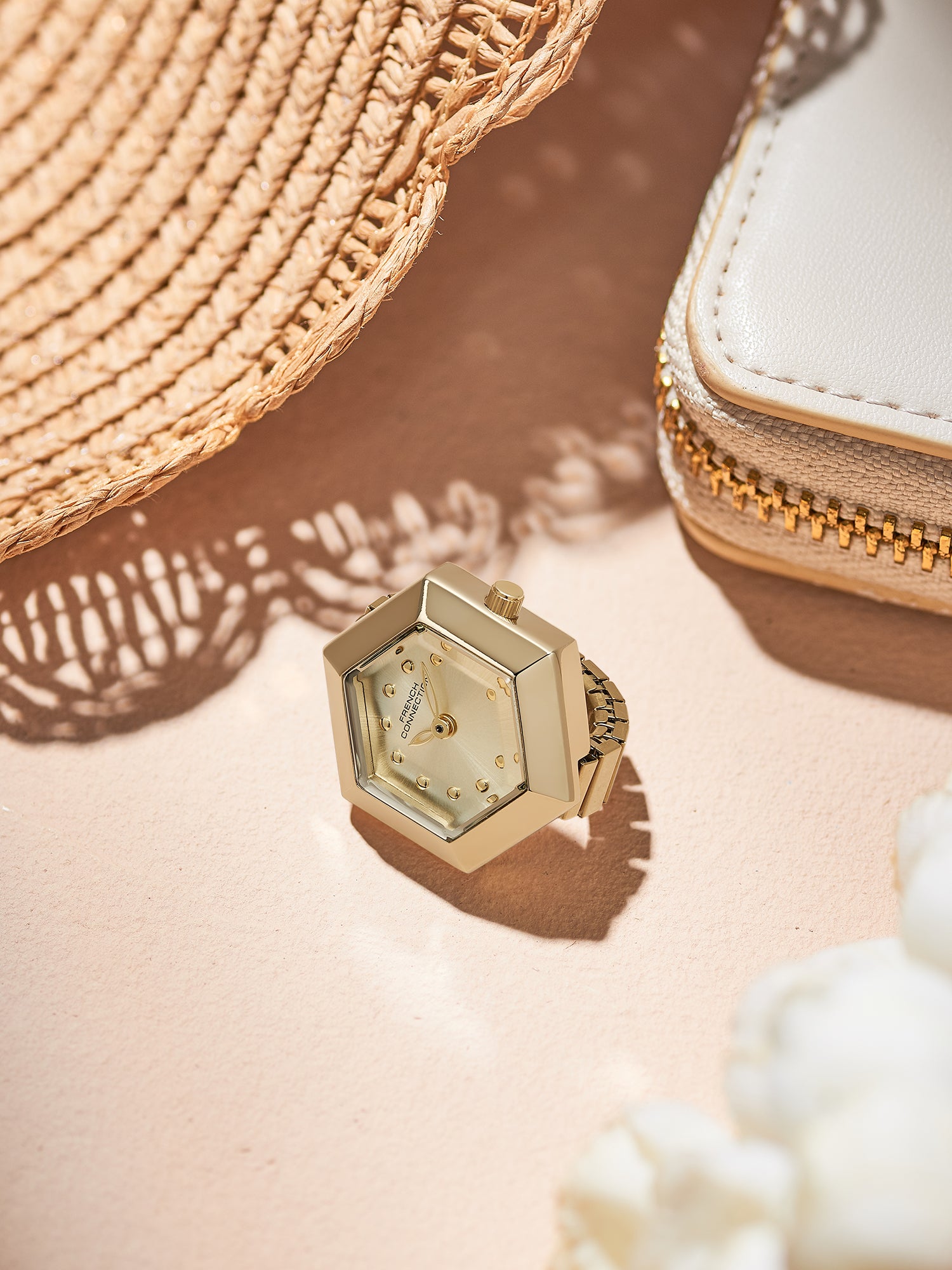 French Connection Women's Gold Sunray Dial Analog Ring Watch FCR02GM | Gold Stainless Steel Flexible Band | Hexagonal Case Design