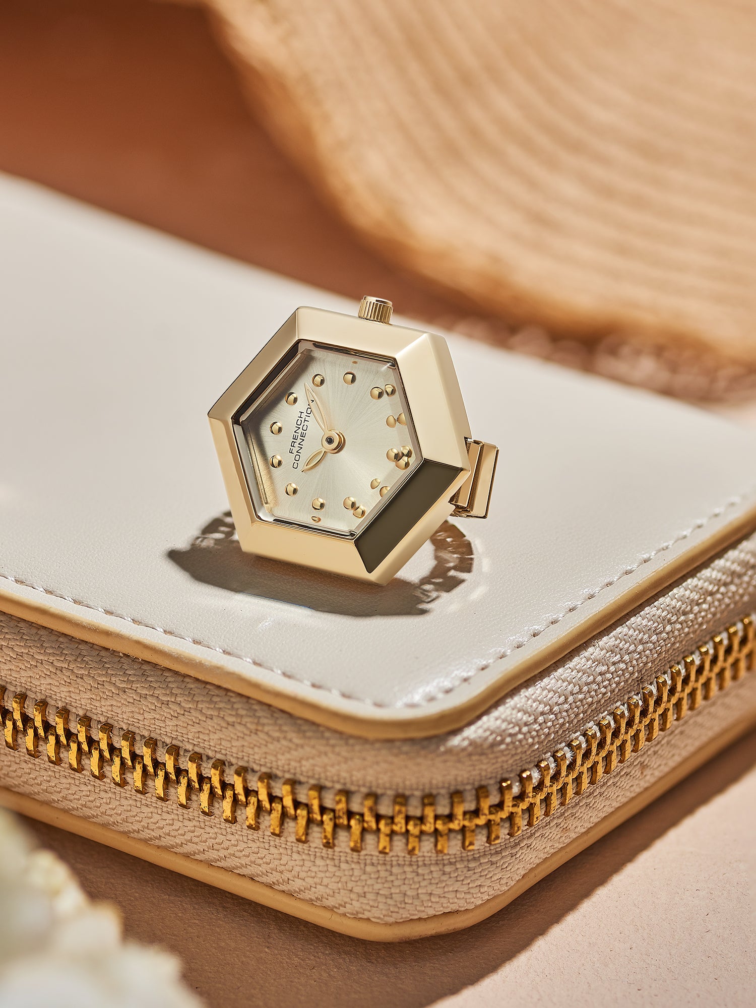 French Connection Women's Gold Sunray Dial Analog Ring Watch FCR02GM | Gold Stainless Steel Flexible Band | Hexagonal Case Design