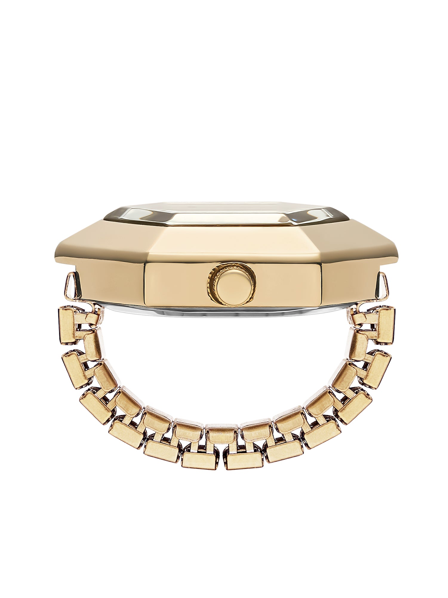 French Connection Women's Gold Sunray Dial Analog Ring Watch FCR02GM | Gold Stainless Steel Flexible Band | Hexagonal Case Design