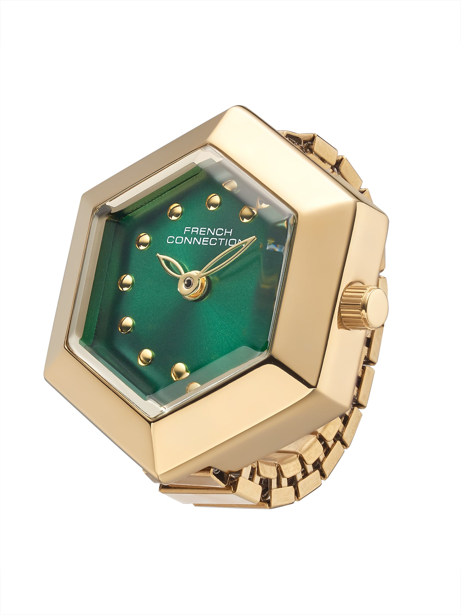 French Connection Women's Green Sunray Dial Analog Ring Watch FCR02NGM | Gold-Tone Flexible Ring Band | Crystal Accent Design