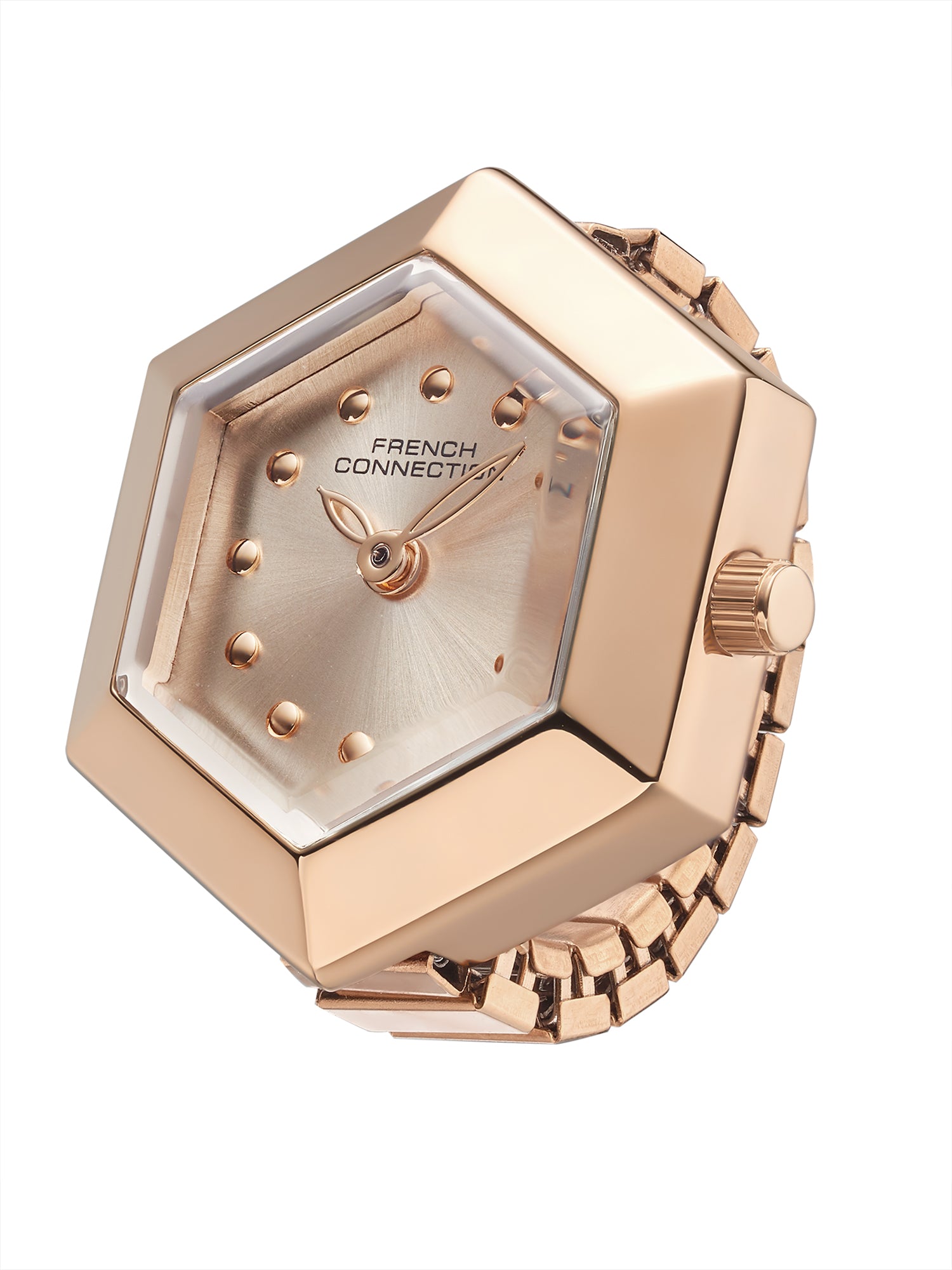 French Connection Women's Pink Sunray Dial Analog Ring Watch FCR02RGM | Rose Gold Stainless Steel Flexible Band | Crystal Accent Design