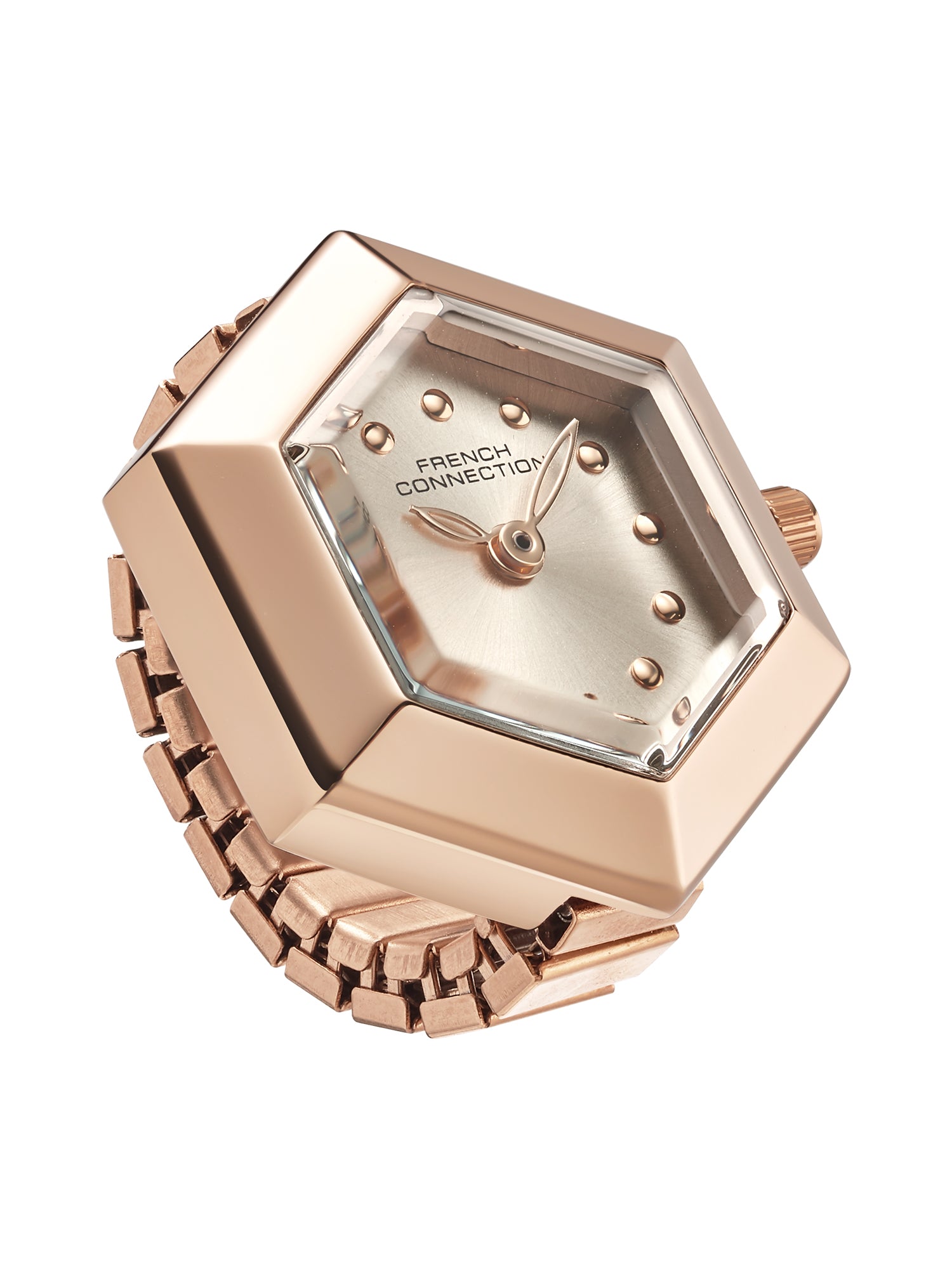 French Connection Women's Pink Sunray Dial Analog Ring Watch FCR02RGM | Rose Gold Stainless Steel Flexible Band | Crystal Accent Design
