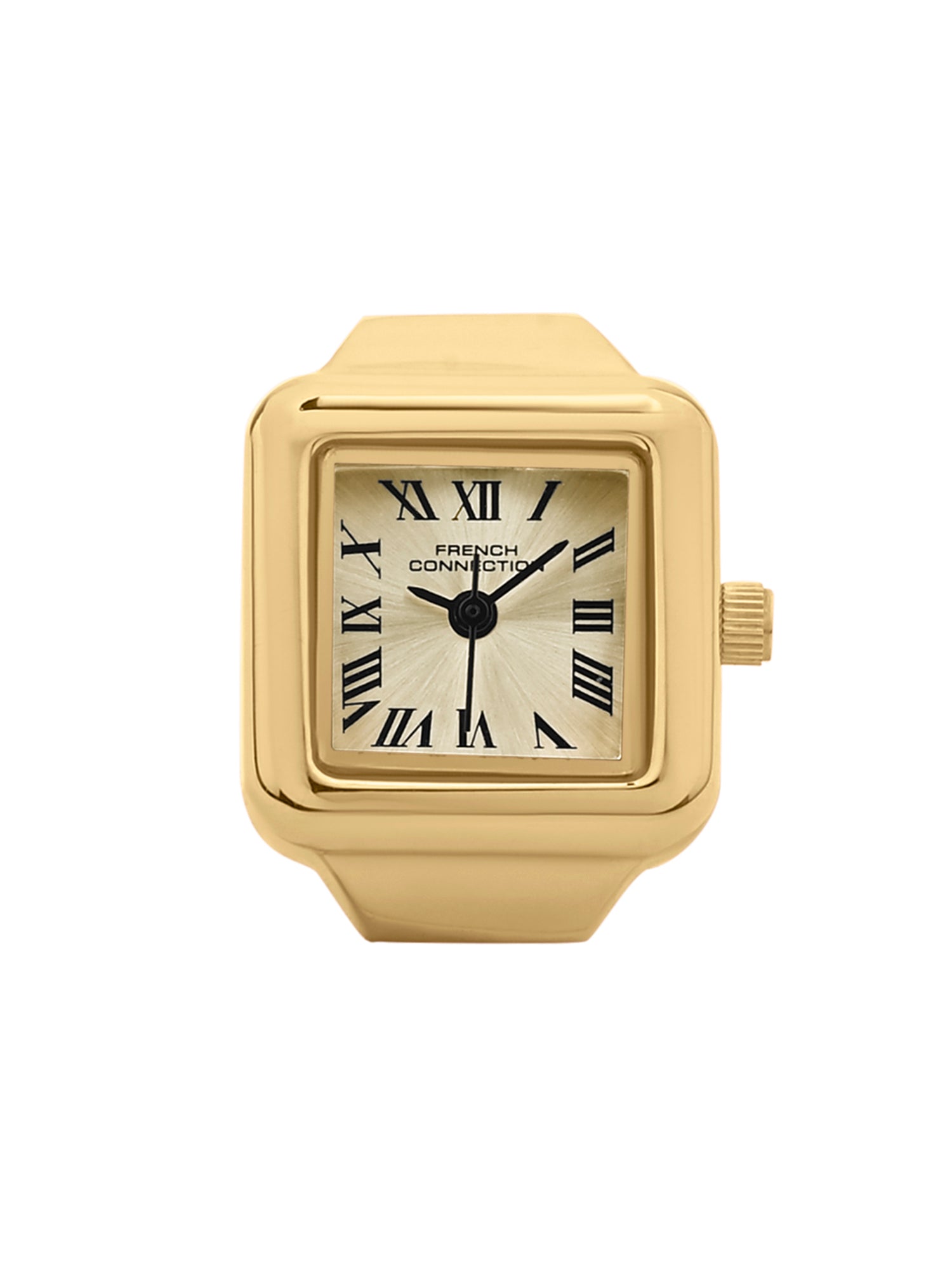 French Connection Women's Sunray Gold Dial Analog Ring Watch FCR03GM | Square Gold-Tone Ring Case