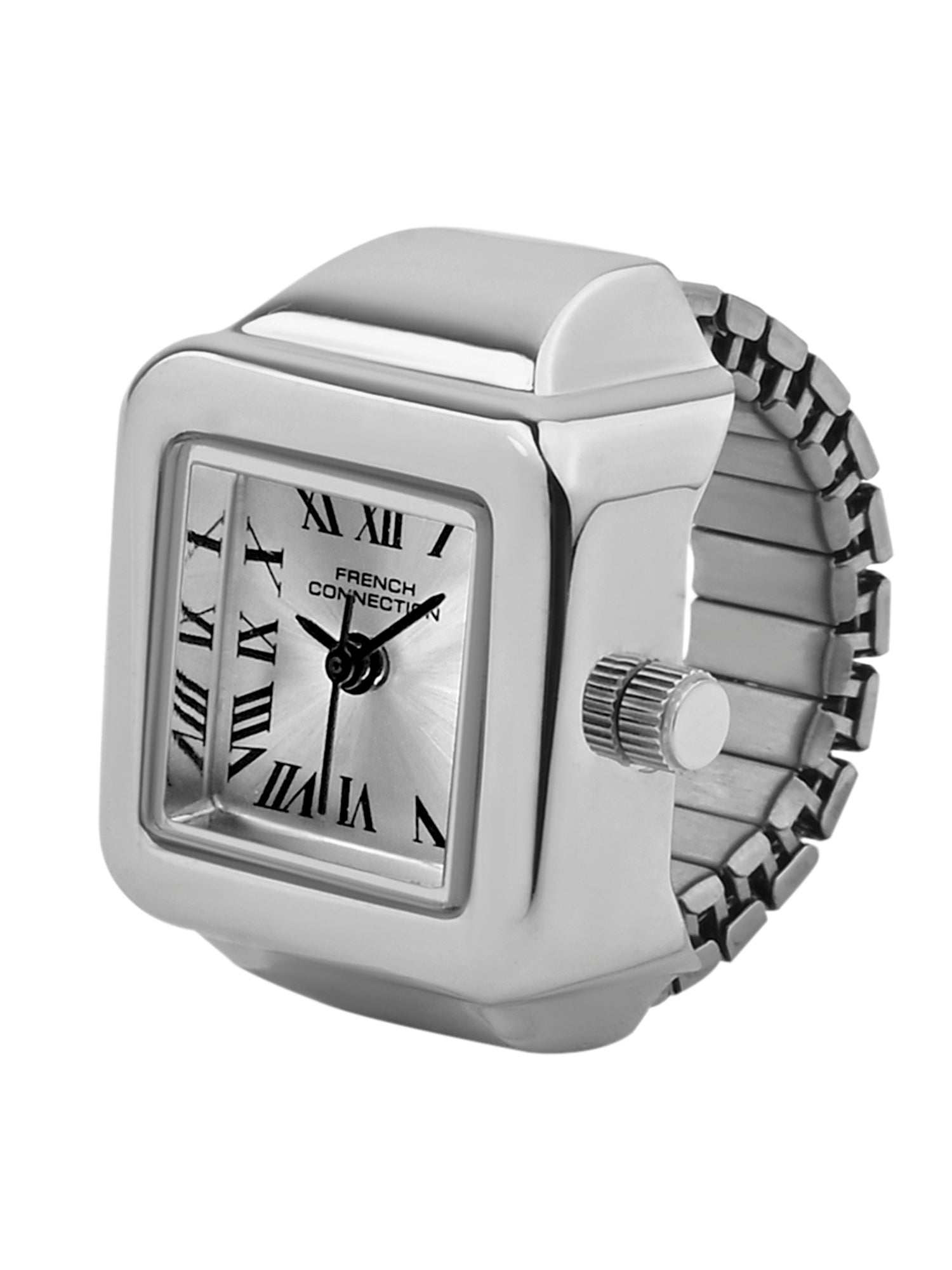 French Connection Women's Sunray Silver Dial Analog Ring Watch FCR03SM | Square Silver-Tone Ring Case