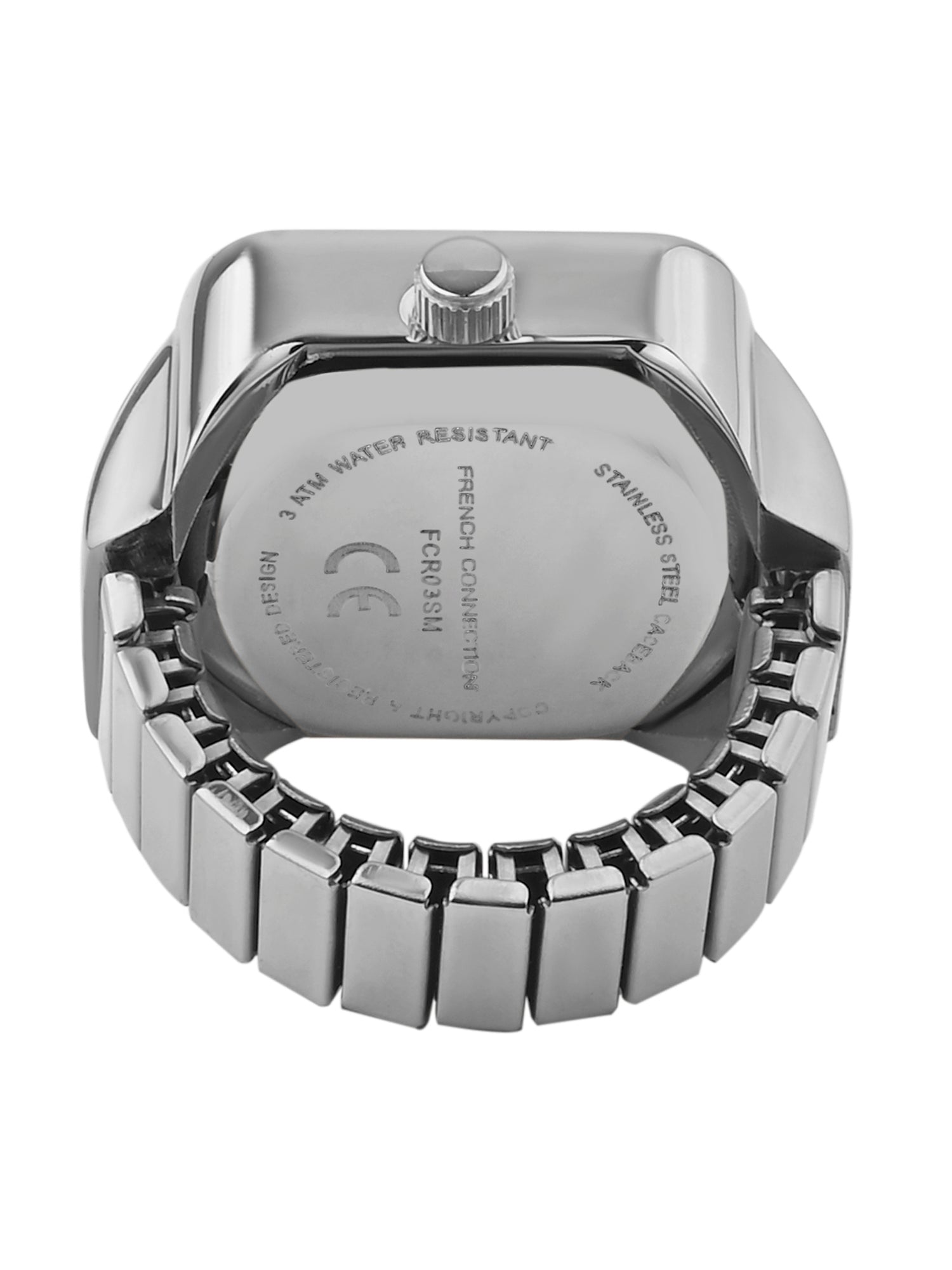 French Connection Women's Sunray Silver Dial Analog Ring Watch FCR03SM | Square Silver-Tone Ring Case