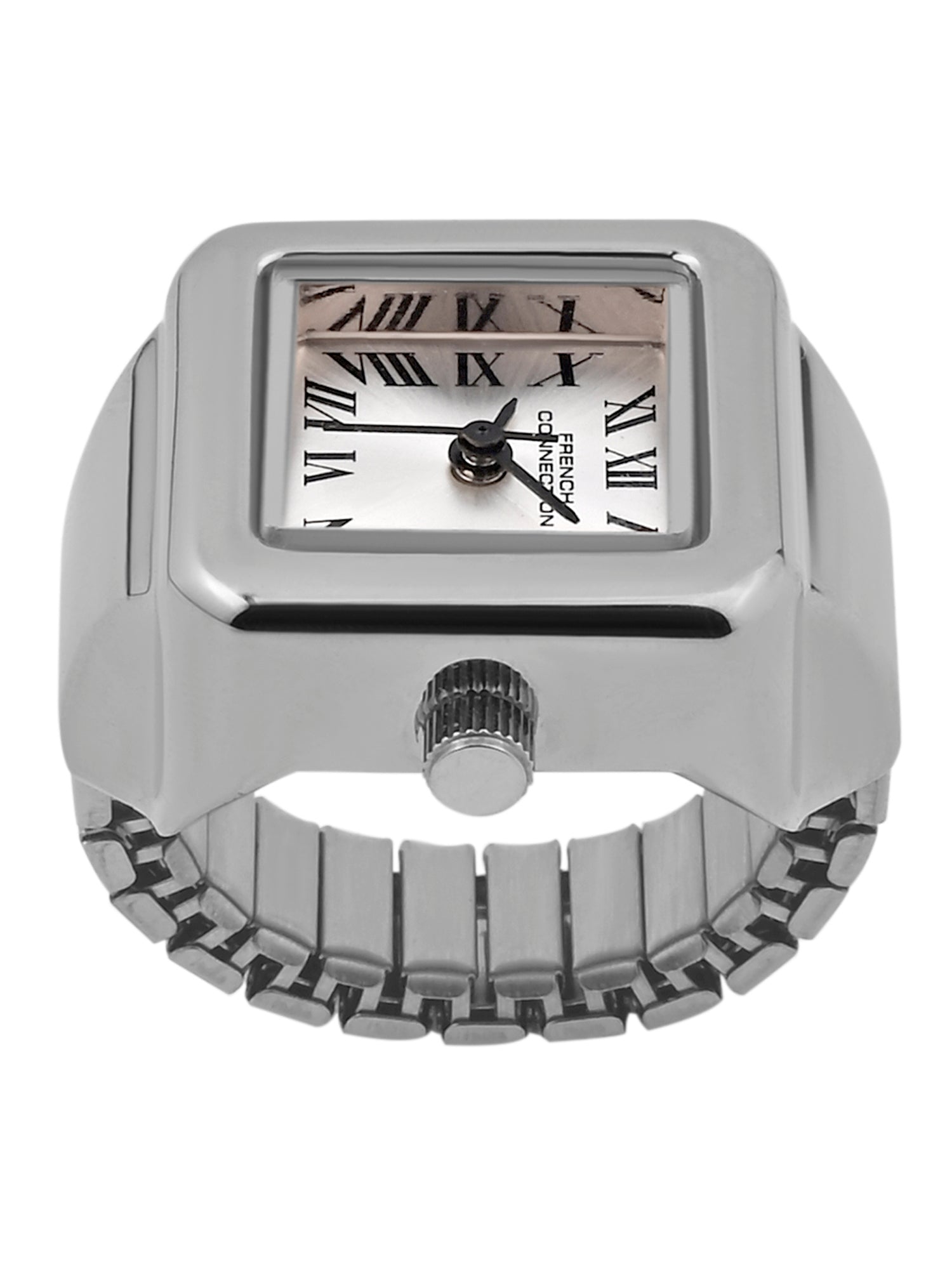 French Connection Women's Sunray Silver Dial Analog Ring Watch FCR03SM | Square Silver-Tone Ring Case