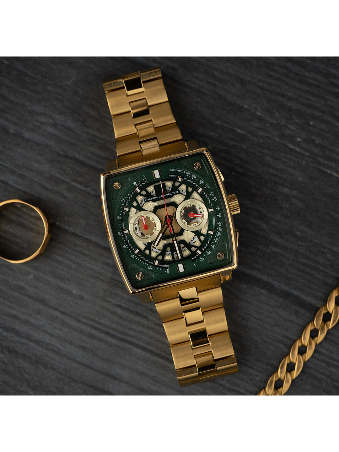 French connection Quadra Lux Green Tonneau Dial Mens Chronograph Watch FCT1GM