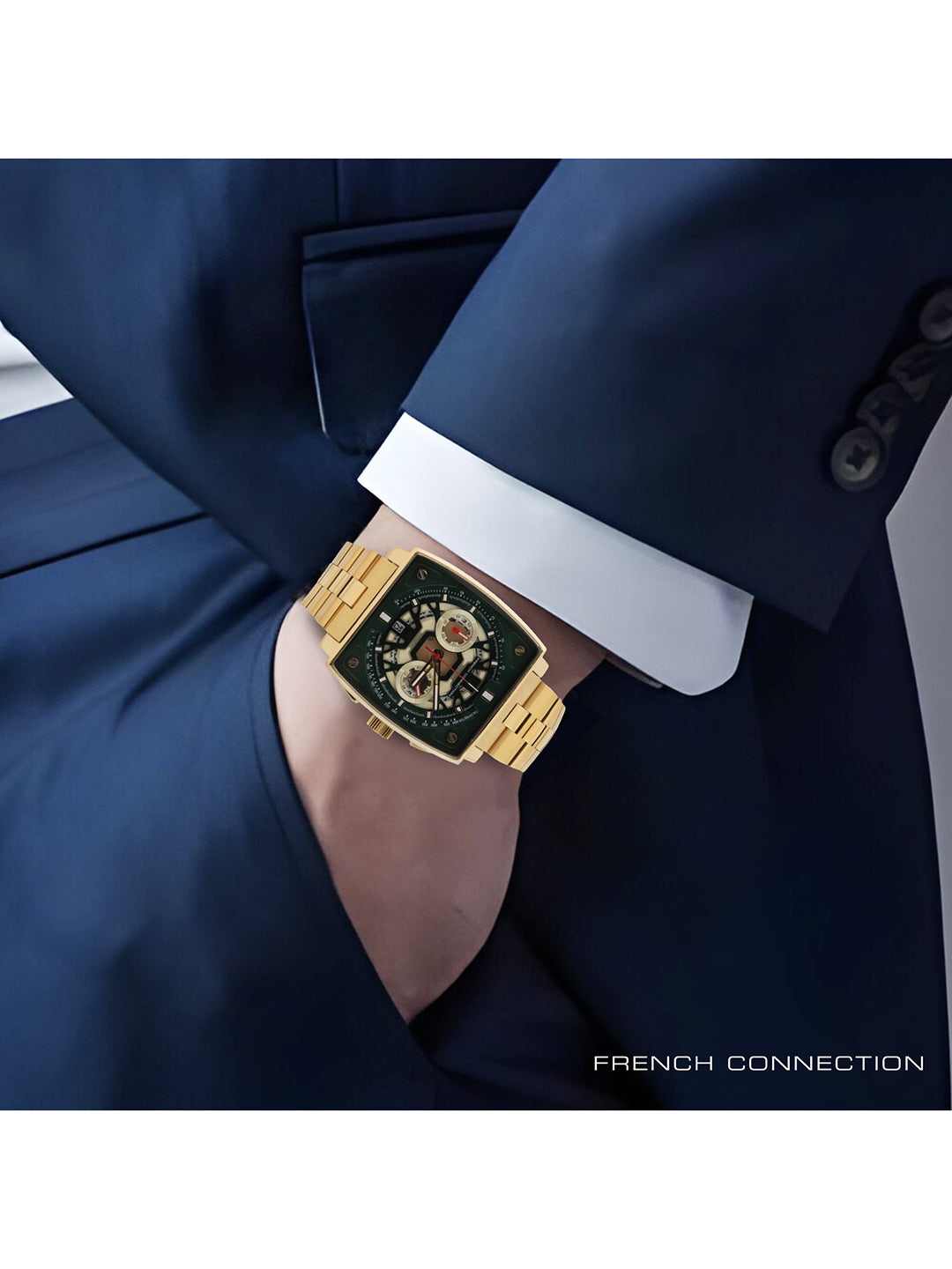 French connection Quadra Lux Green Tonneau Dial Mens Chronograph Watch FCT1GM