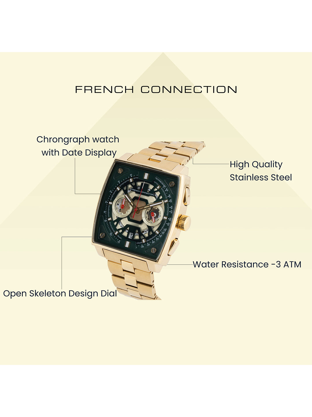French connection Quadra Lux Green Tonneau Dial Mens Chronograph Watch FCT1GM
