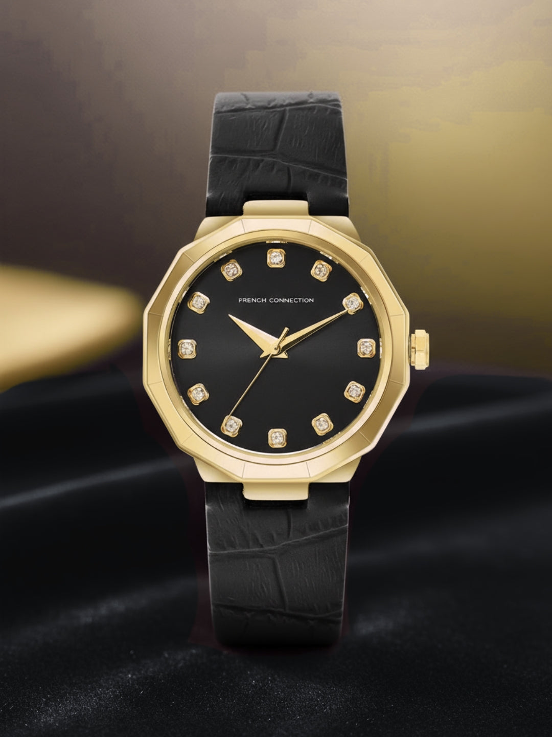 French Connection Sunray Black Round Dial With Black Leather Strap Watch - For Womens FCT2BL