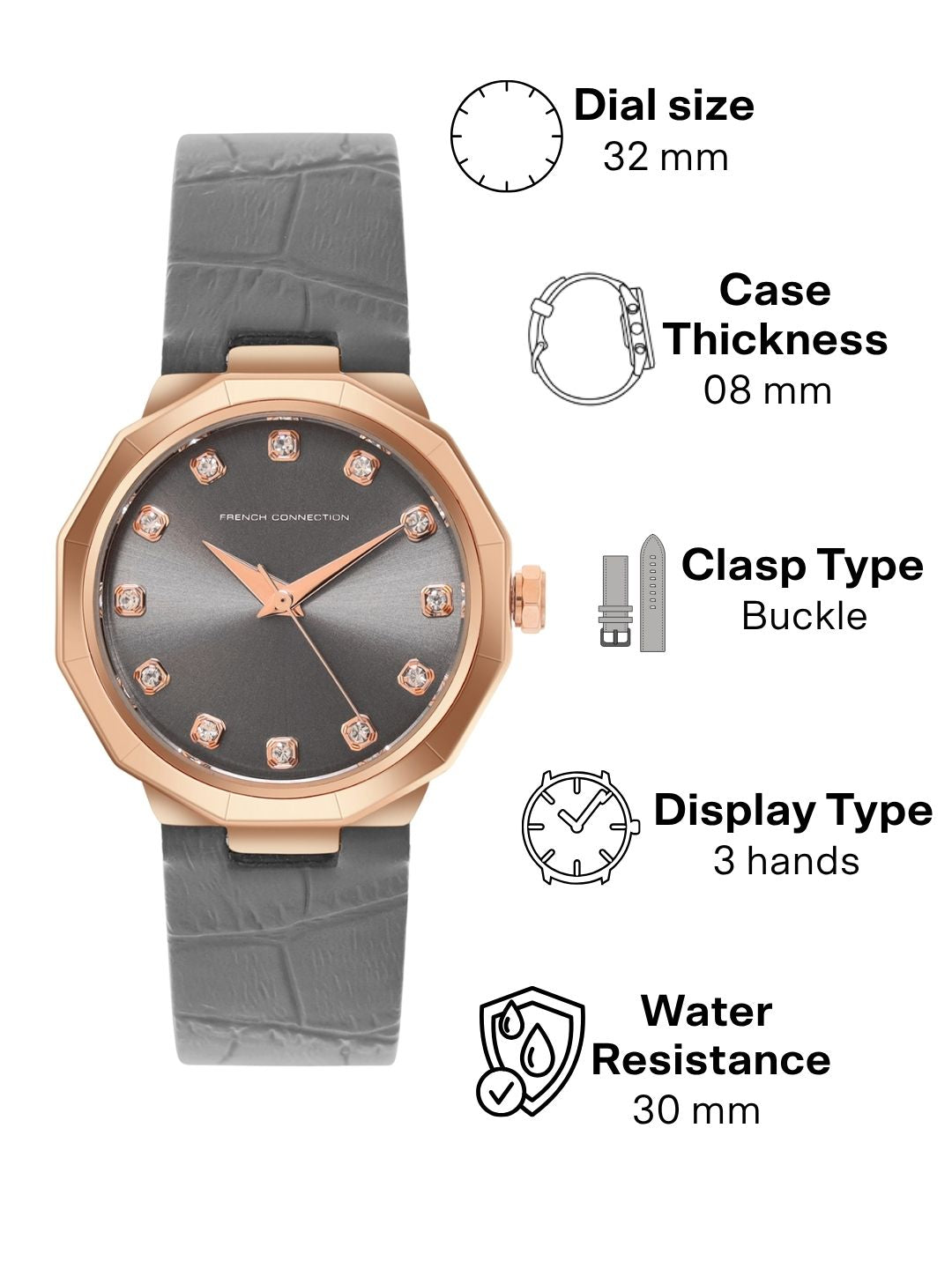 French Connection Sunray Grey Round Dial With Warm Grey Leather Strap Watch - For Womens FCT2GRL