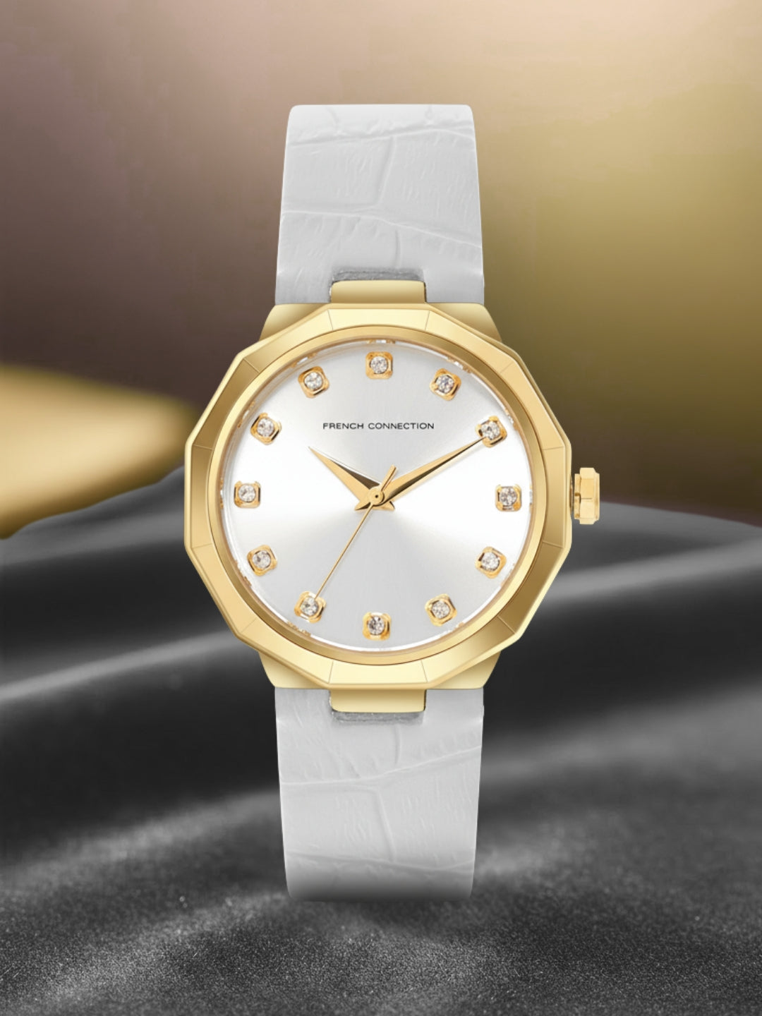 French Connection Sunray Silver Round Dial With White Leather Strap Watch - For Womens FCT2WL