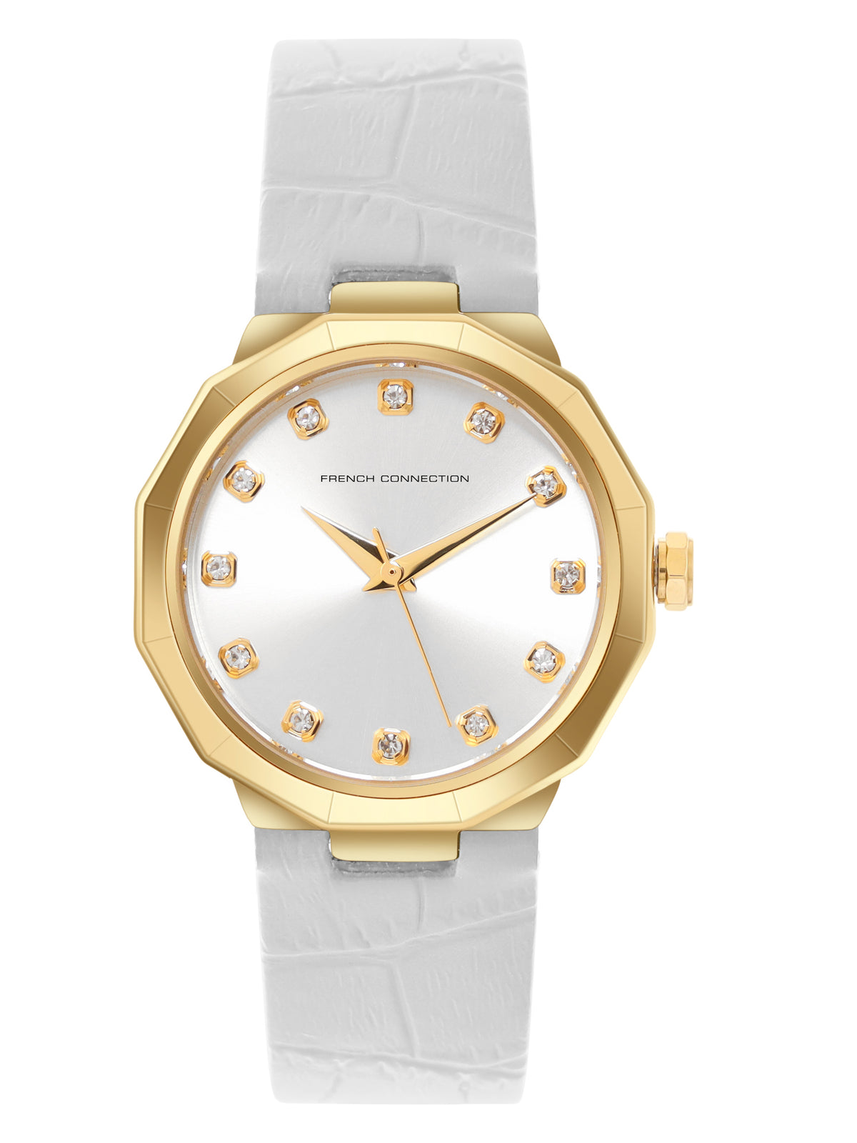 French Connection Sunray Silver Round Dial With White Leather Strap Watch - For Womens FCT2WL