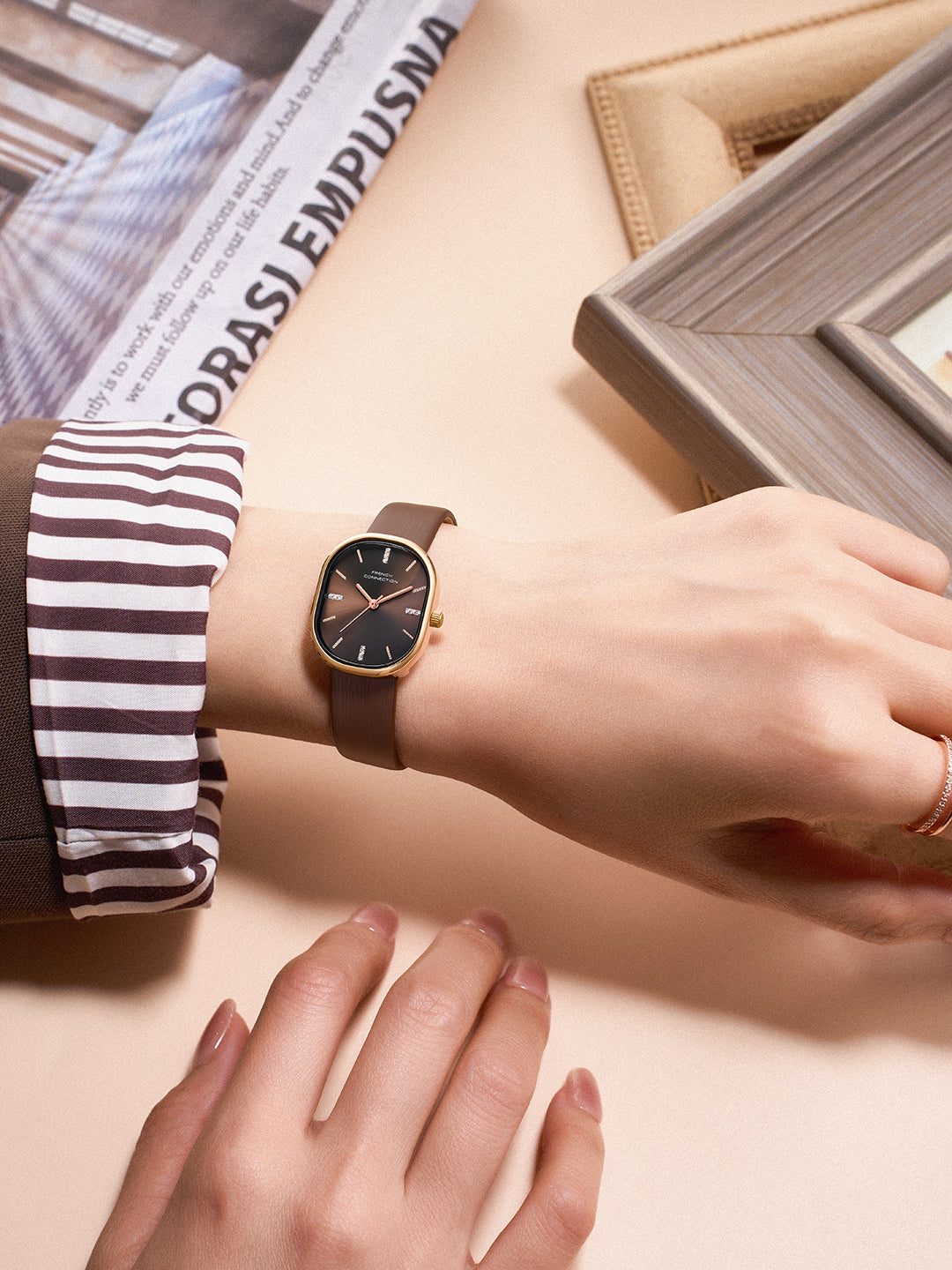 French Connection Éclora | Analog Display | Brown Sunray Dial | Brown Leather Strap | Watch for Women - FCU13BRL