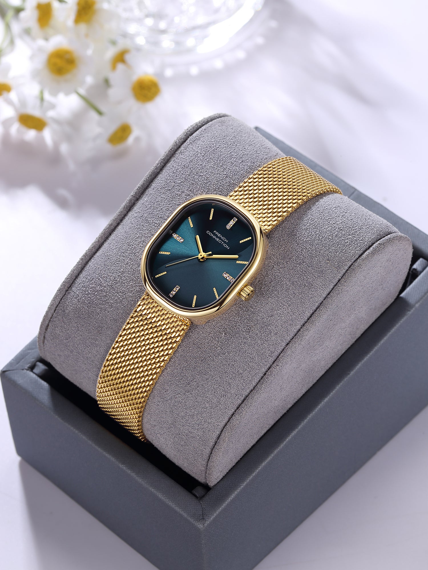 French Connection Éclora | Analog Display | Blue Sunray Dial | Gold Stainless Steel Strap | Watch for Women - FCU13NGM