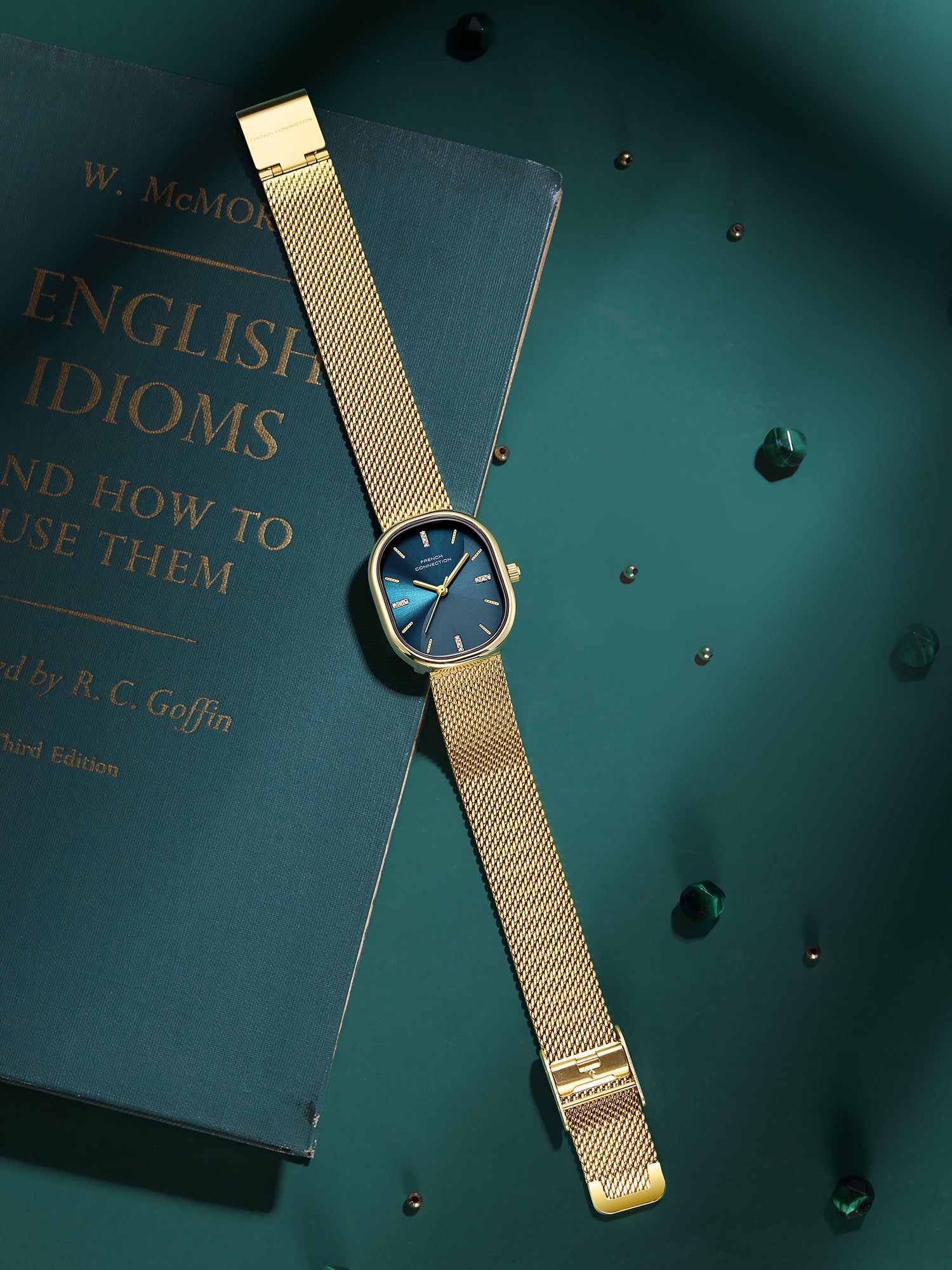 French Connection Éclora | Analog Display | Blue Sunray Dial | Gold Stainless Steel Strap | Watch for Women - FCU13NGM