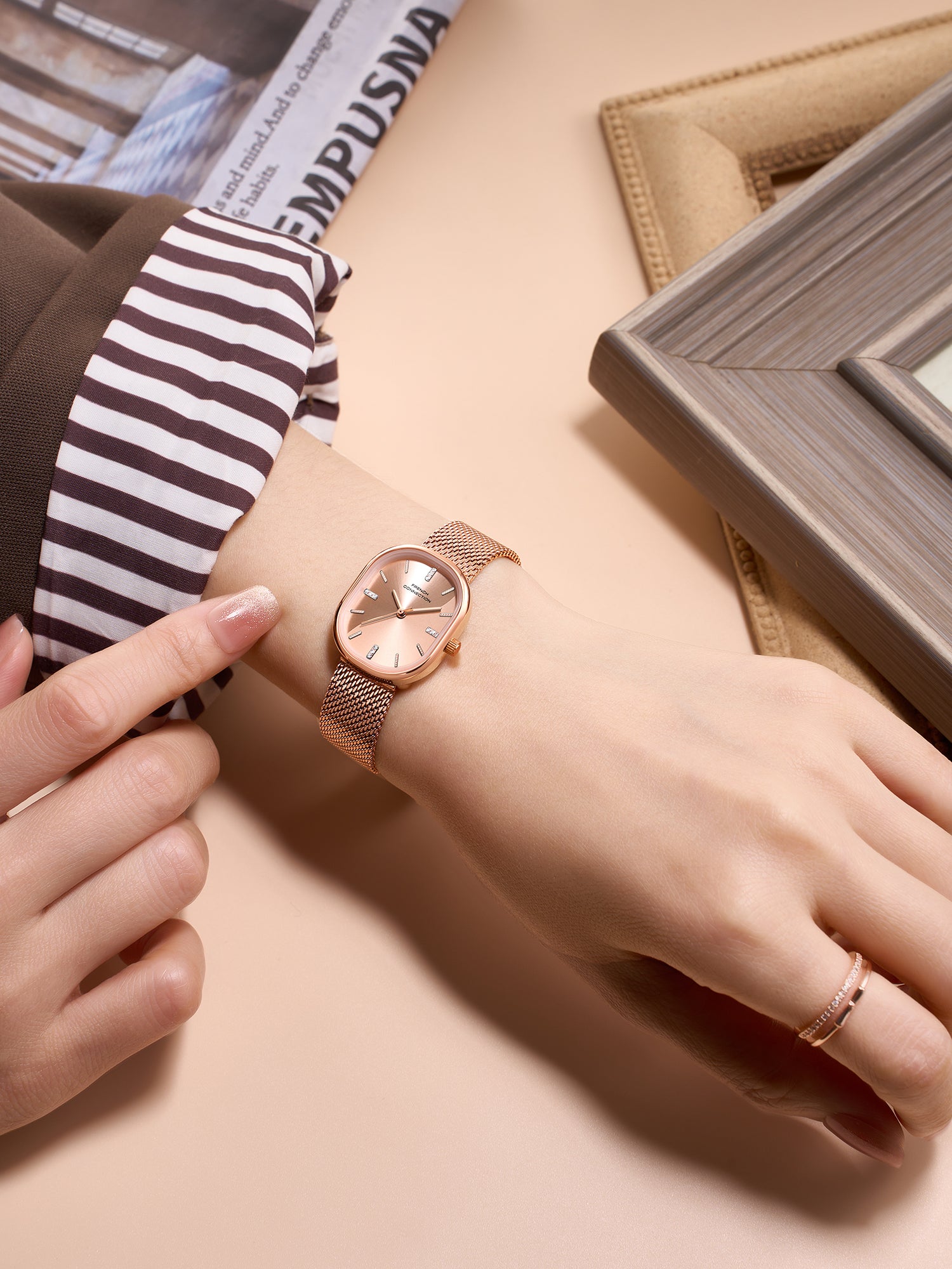 French Connection Éclora | Analog Display | Rose Gold Sunray Dial | Rose Gold Stainless Steel Strap | Watch for Women - FCU13RGM