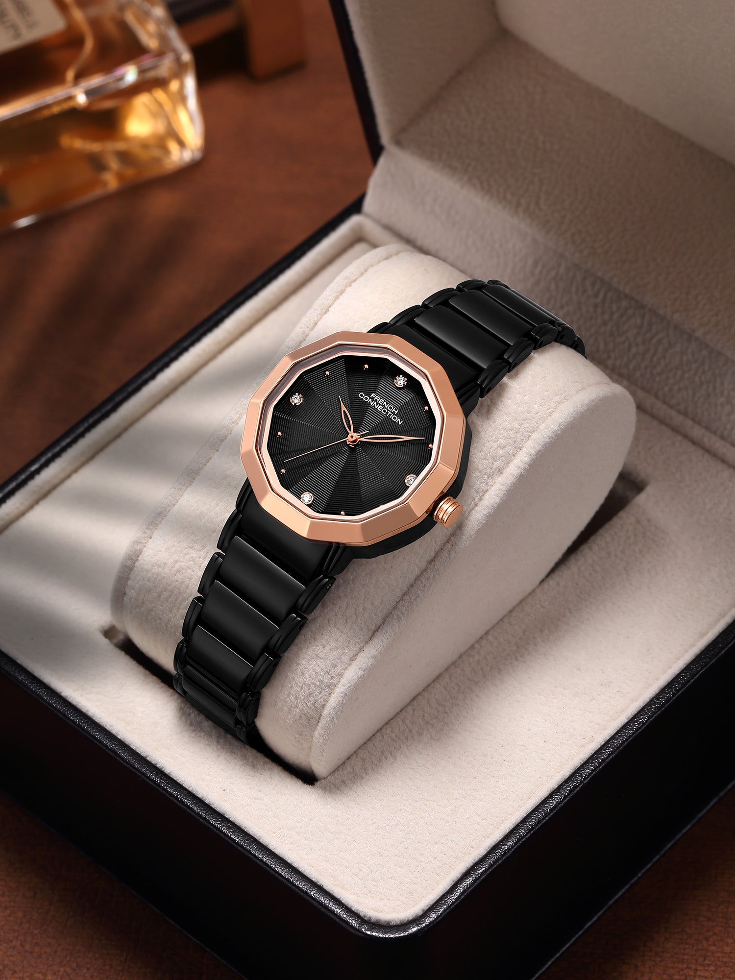 French Connection Aurette | Analog Display | Black Dial | Black Stainless Steel Strap | Watch for Women - FCU14BM