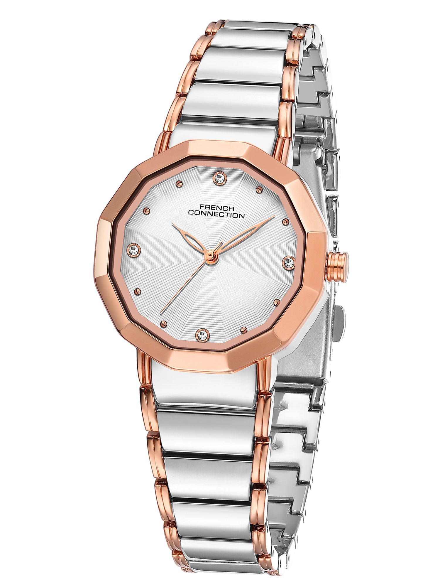 French Connection Aurette | Analog Display | Silver Dial | Rose Gold Stainless Steel Strap | Watch for Women - FCU14SRTM