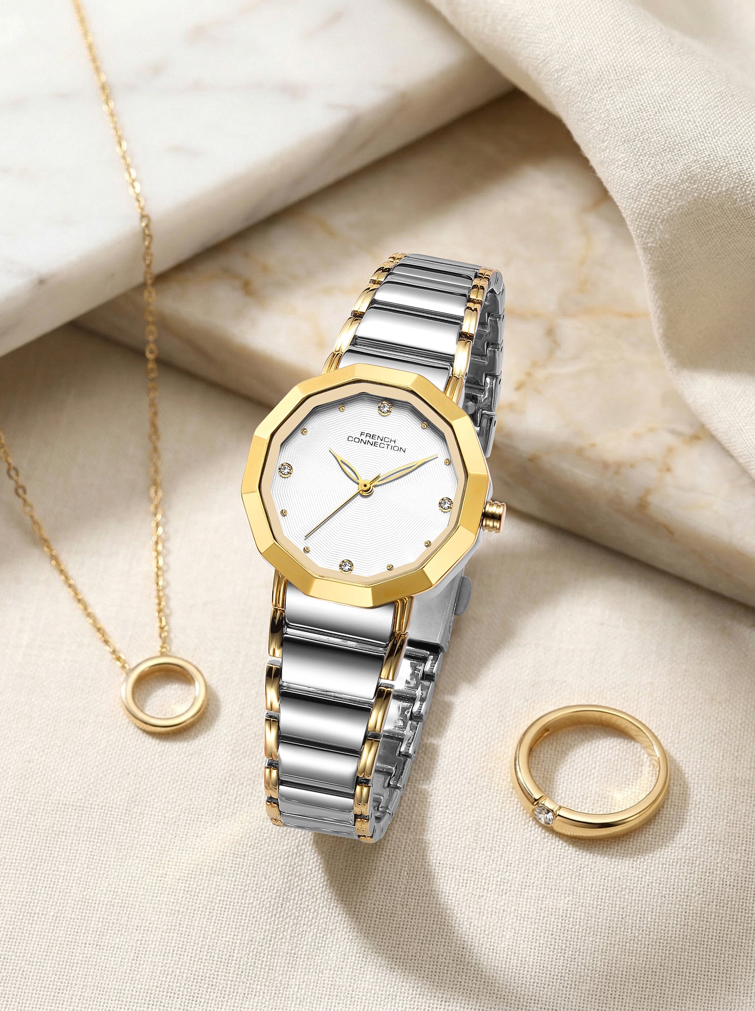 French Connection Aurette | Analog Display | Silver Dial | Gold Stainless Steel Strap | Watch for Women - FCU14STM