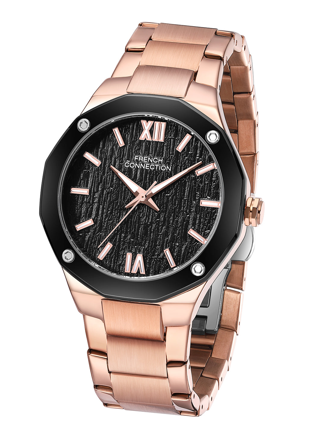 French Connection Roman Imperial | Analog Display | Black Dial | Rose Gold Stainless Steel Strap | Watch for Men - FCU15BRTM