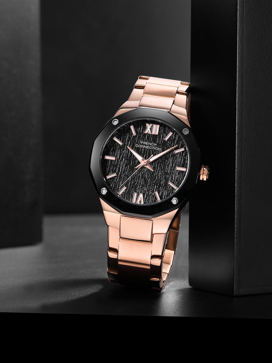 French Connection Roman Imperial | Analog Display | Black Dial | Rose Gold Stainless Steel Strap | Watch for Men - FCU15BRTM