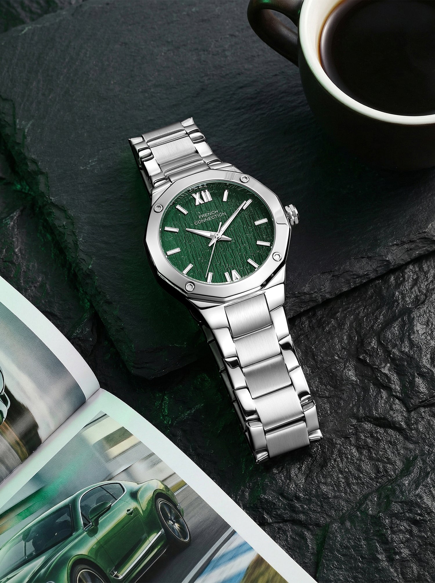French Connection Roman Imperial | Analog Display | Green Dial | Silver Stainless Steel Strap | Watch for Men - FCU15NSM