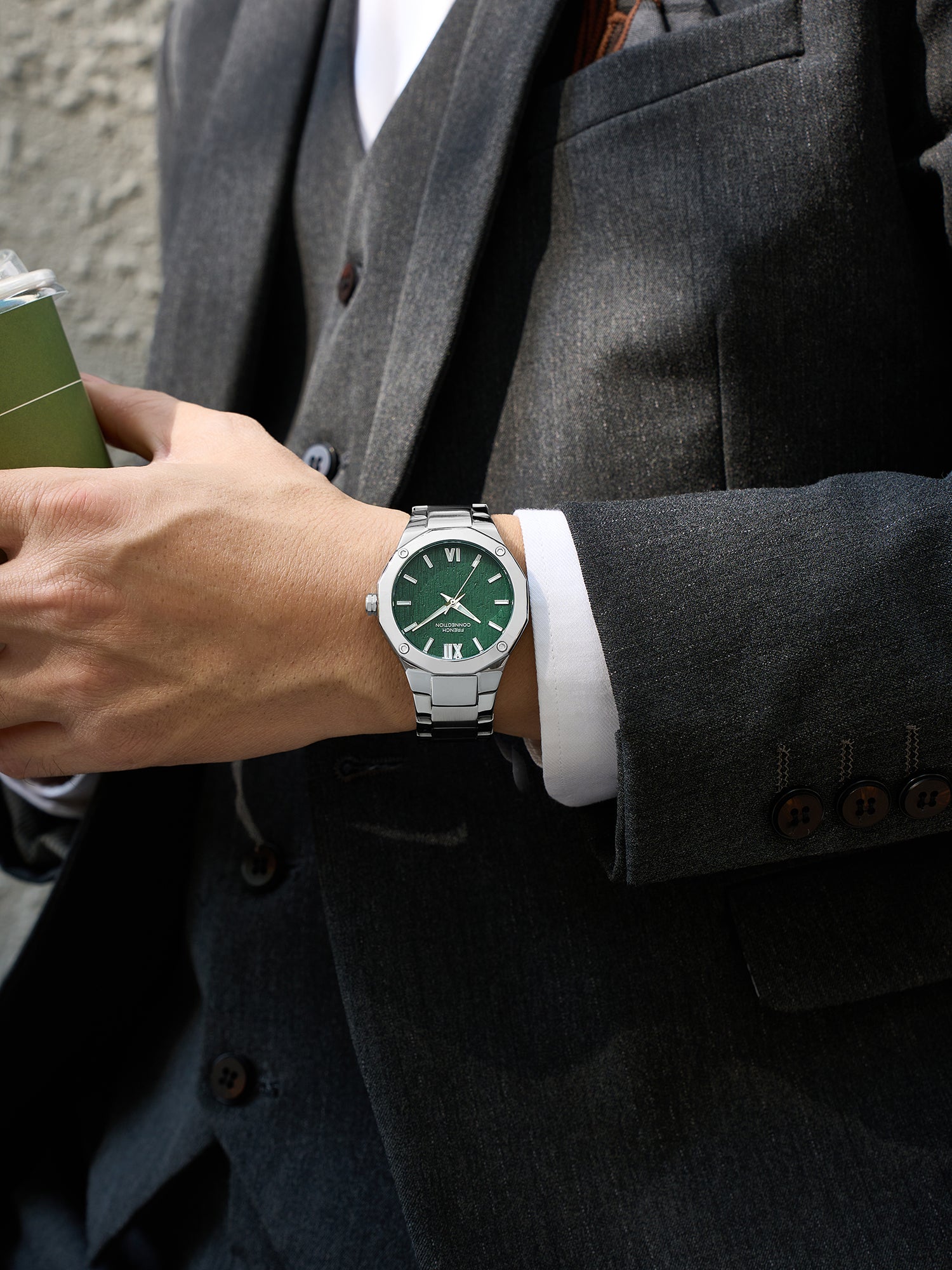 French Connection Roman Imperial | Analog Display | Green Dial | Silver Stainless Steel Strap | Watch for Men - FCU15NSM