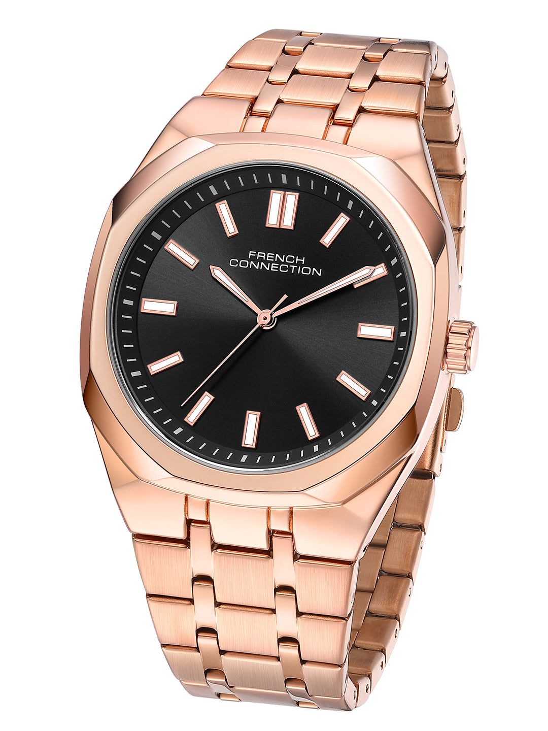 French Connection Lumière | Analog Display | Black Dial | Rose Gold Stainless Steel Strap | Watch for Men - FCU16BRGM