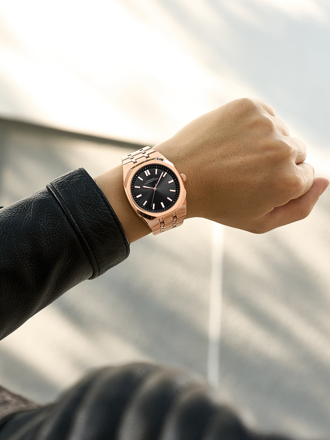 French Connection Lumière | Analog Display | Black Dial | Rose Gold Stainless Steel Strap | Watch for Men - FCU16BRGM