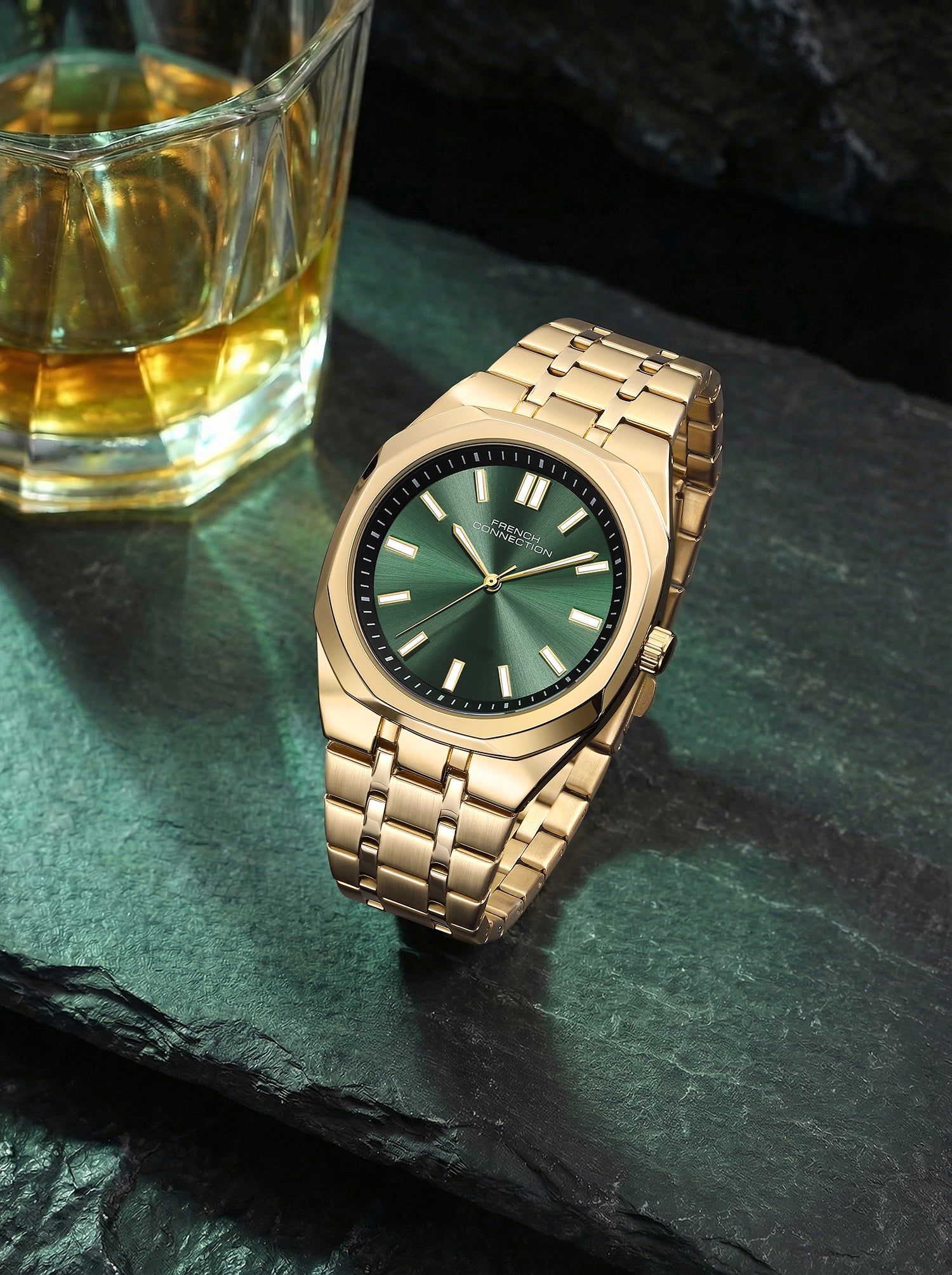French Connection Lumière | Analog Display | Green Dial | Gold Stainless Steel Strap | Watch for Men - FCU16NGM
