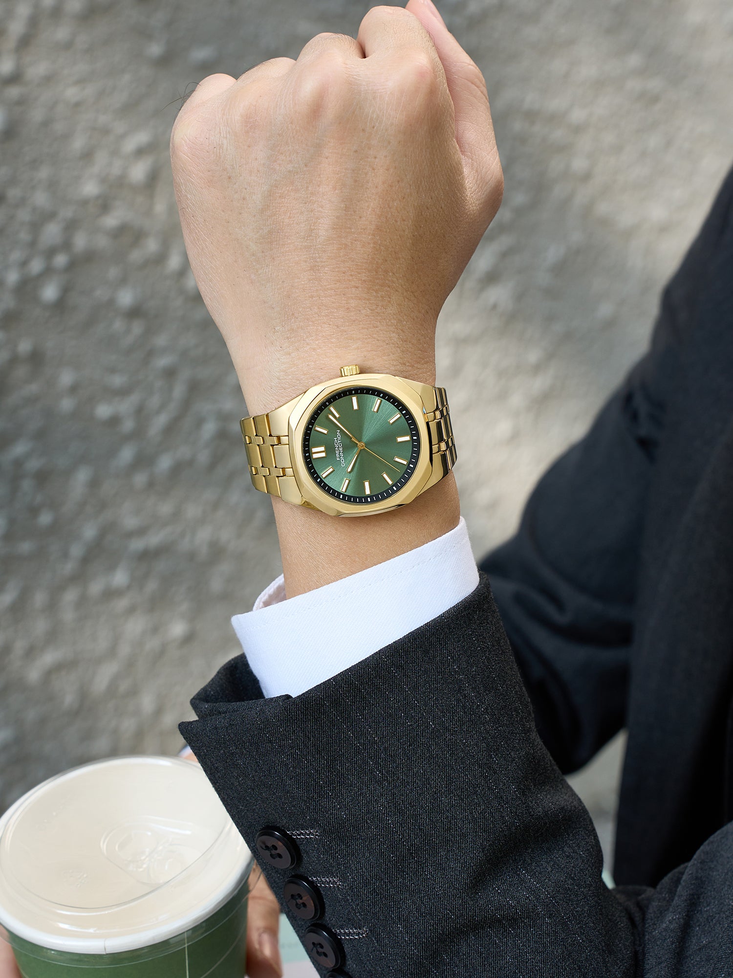 French Connection Lumière | Analog Display | Green Dial | Gold Stainless Steel Strap | Watch for Men - FCU16NGM