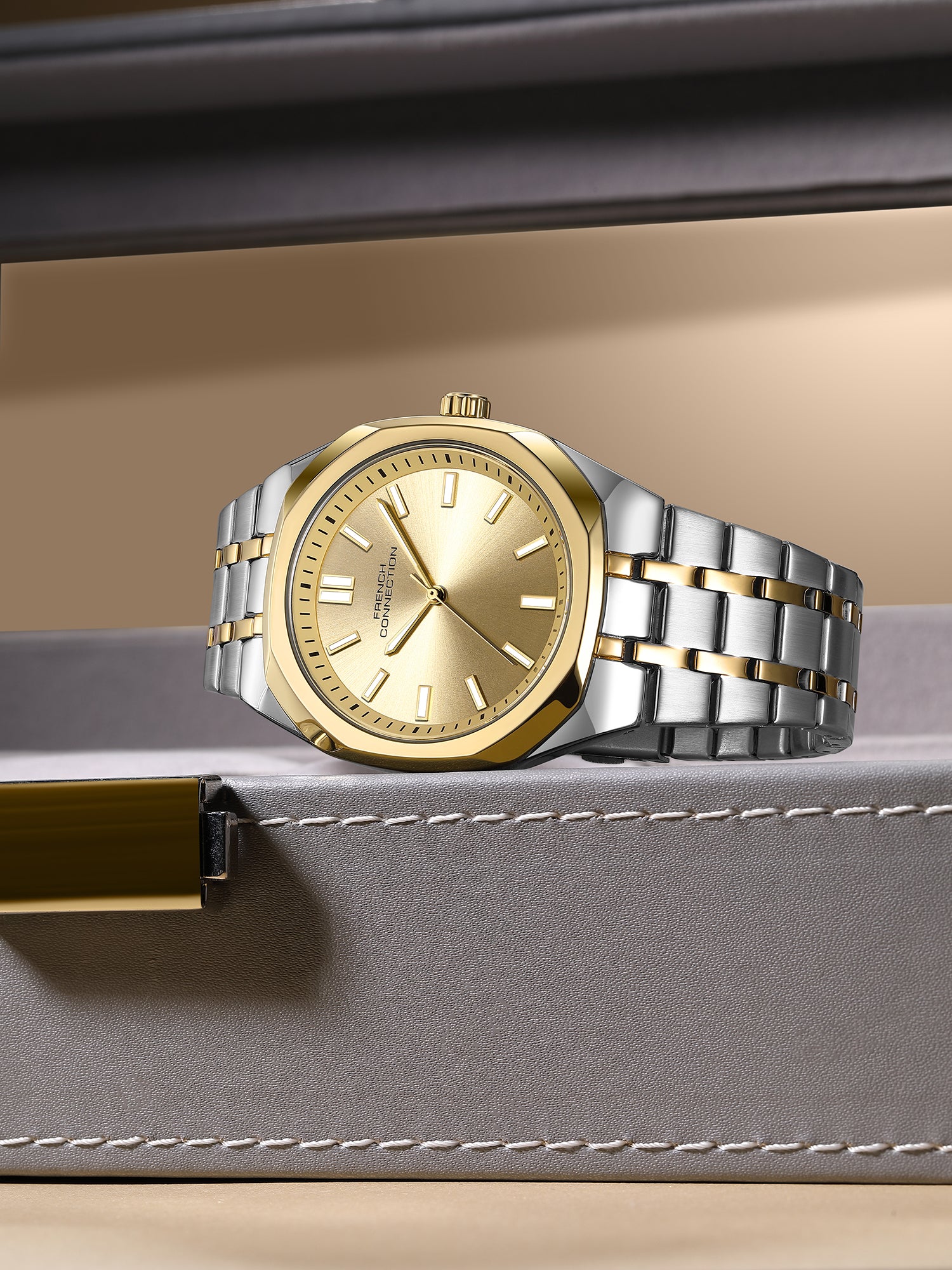 French Connection Lumière | Analog Display | Gold Dial | Silver Stainless Steel Strap | Watch for Men - FCU16TM