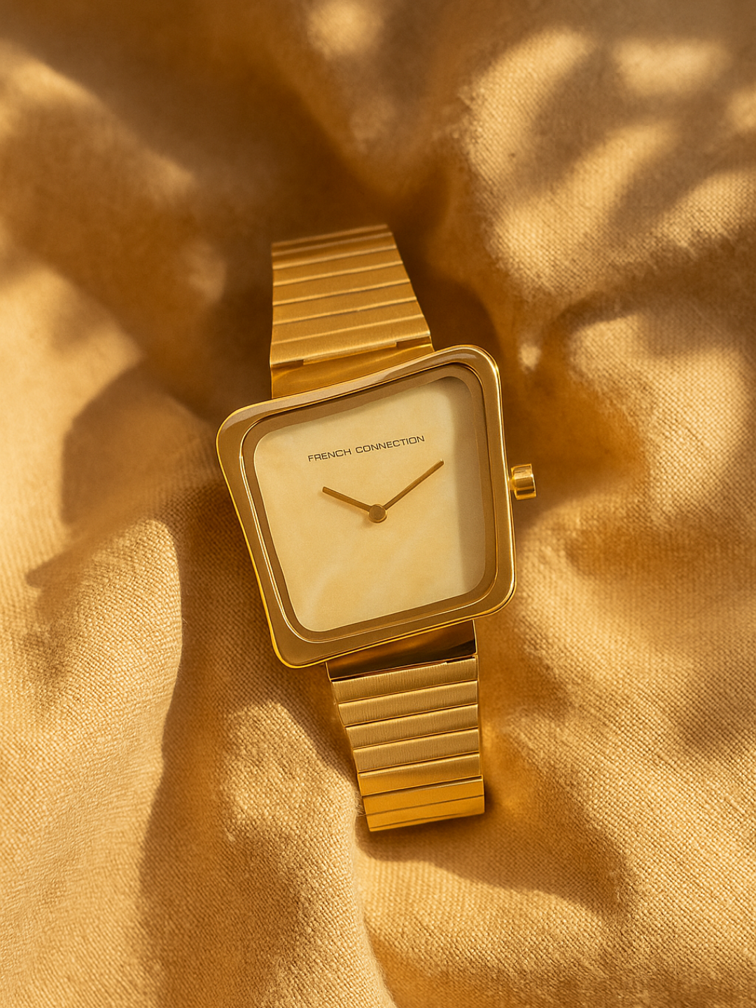 French Connection Mop Champagne Square Dial With Gold Stainless Steel Strap Watch - For Womens FCU6GM