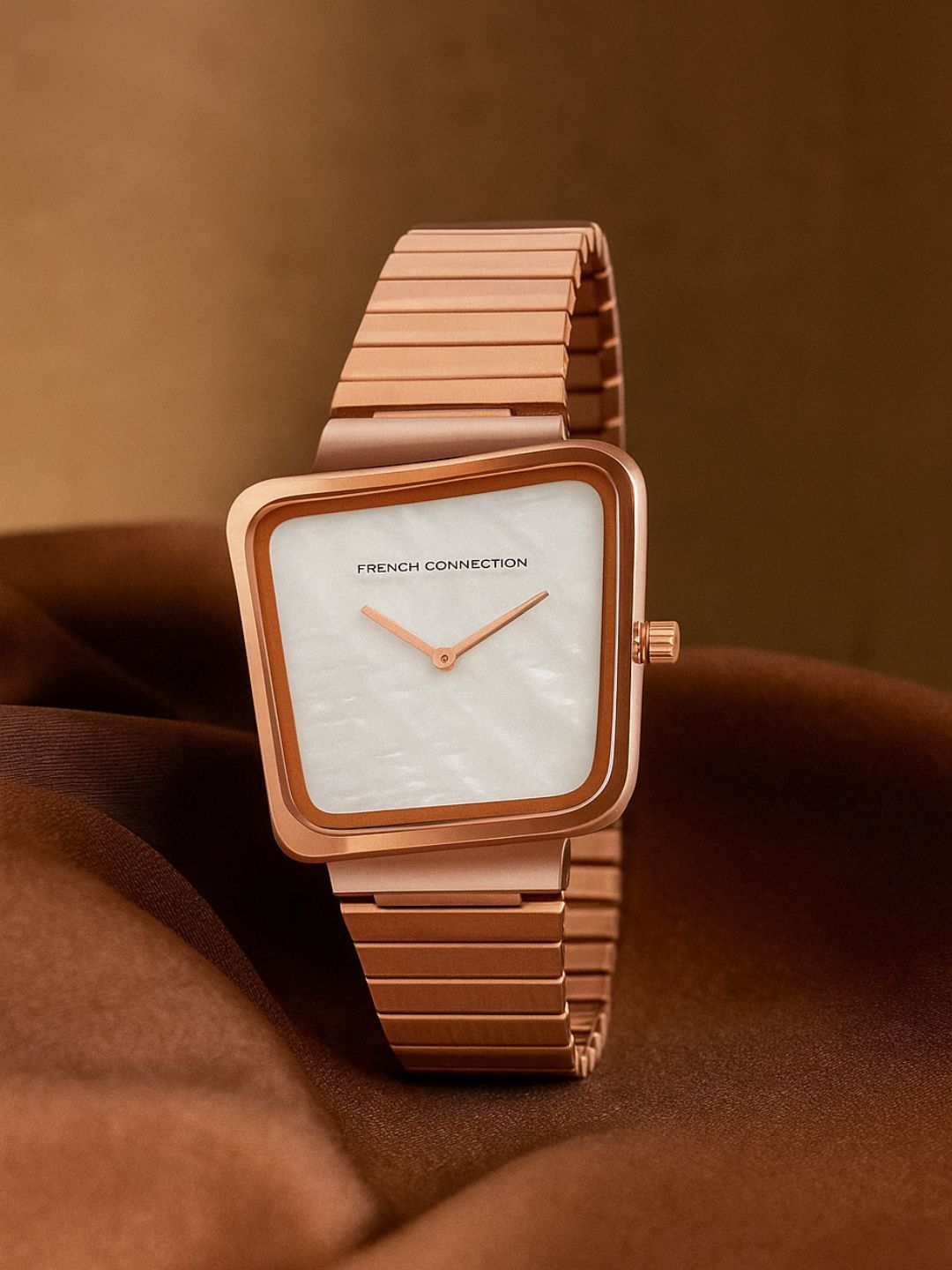 French Connection Mop Black Square Dial With Rose Stainless Steel Strap Watch - For Womens FCU6RGM