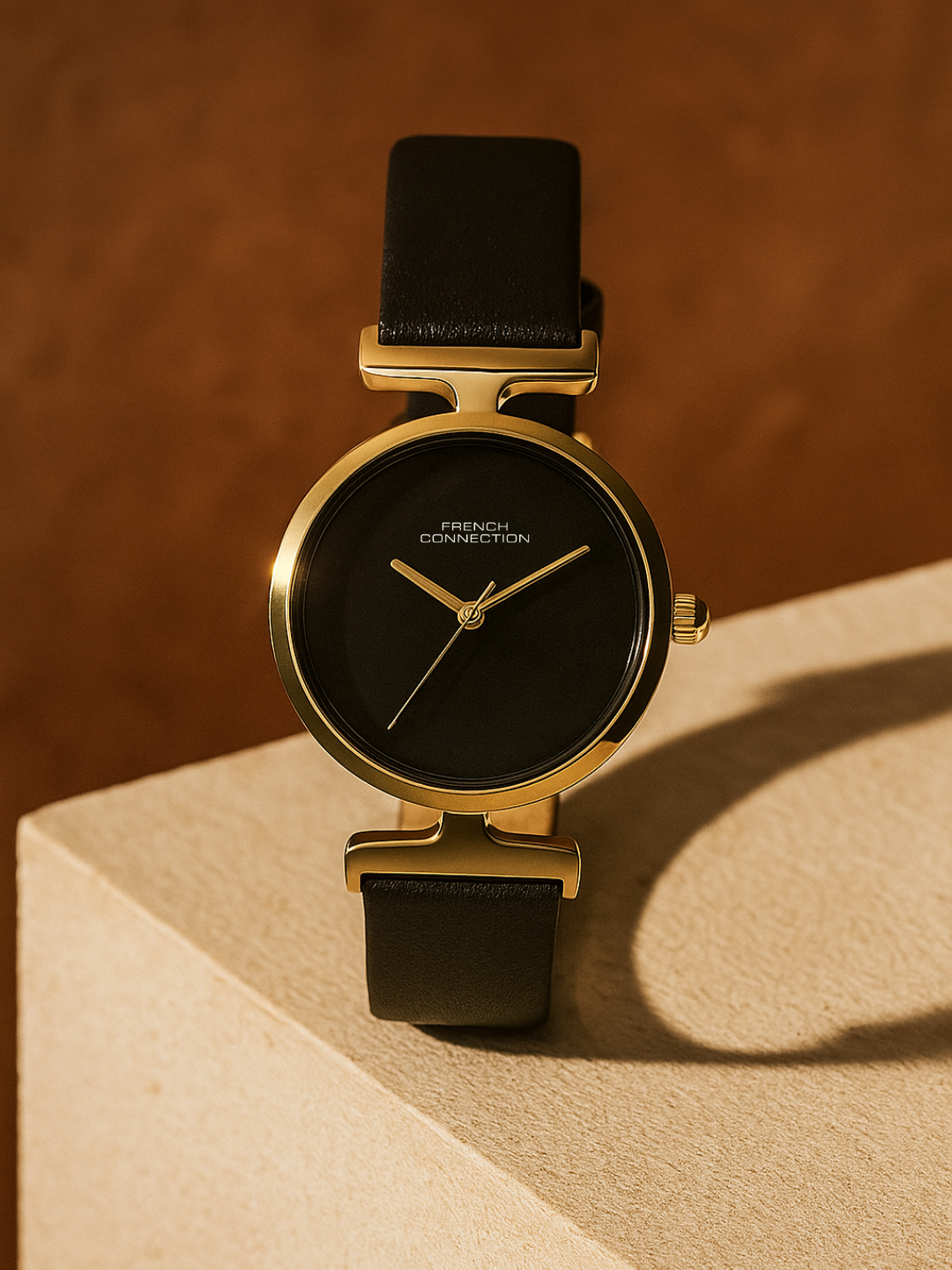 French Connection Sunray Black Round Dial With Black Leather Strap Watch - For Womens FCU7BL