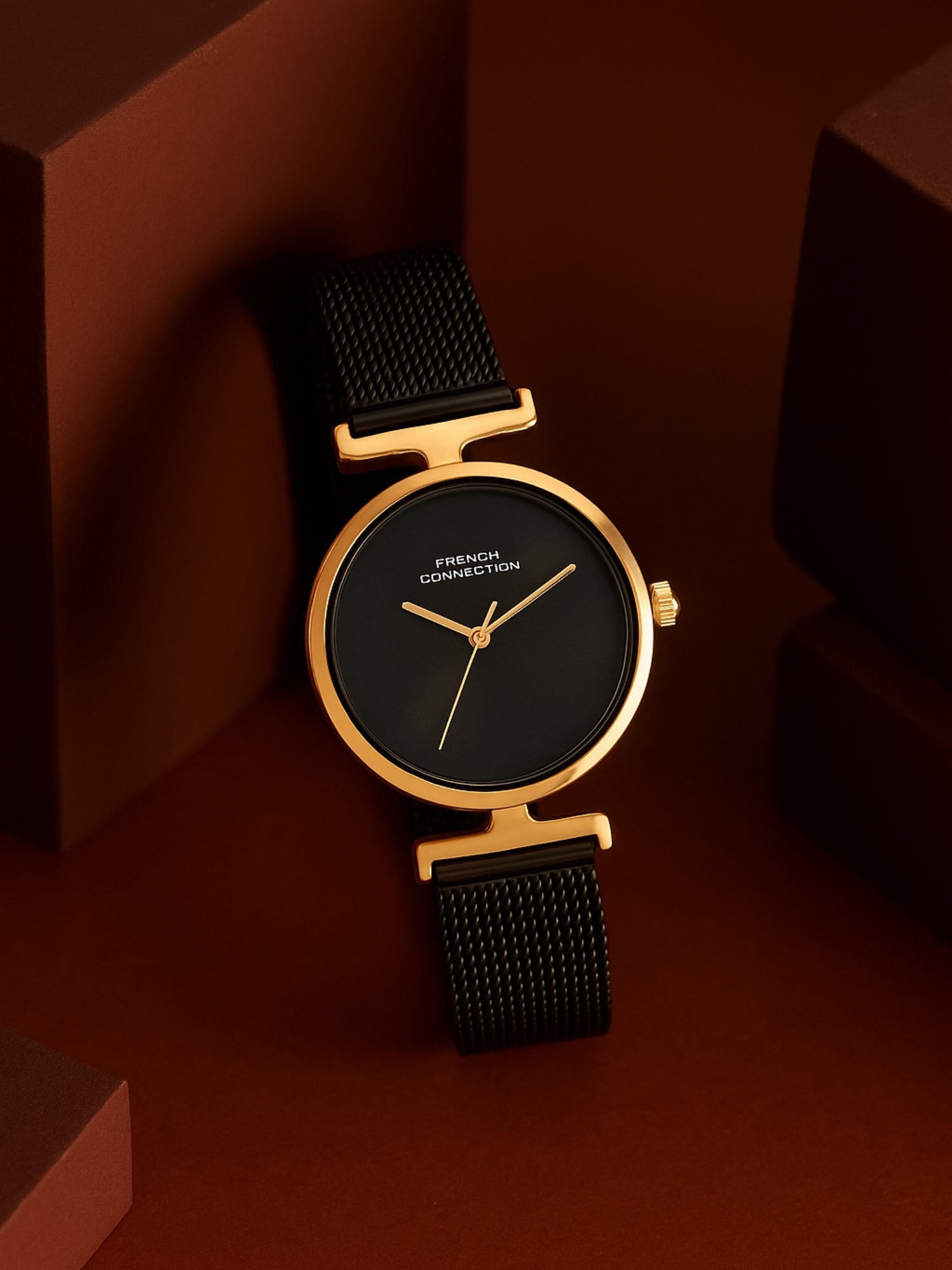 French Connection Sunray Black Round Dial With Black Stainless Steel Strap Watch - For Womens FCU7BM