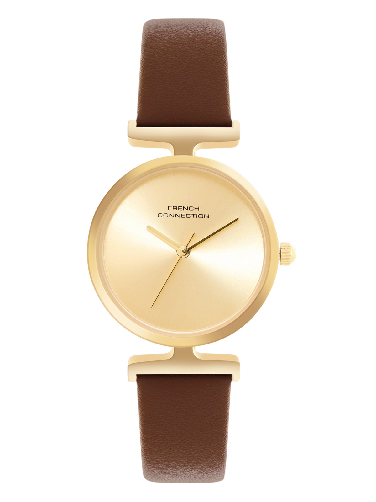 French Connection Sunray Champagne Round Dial With Dark Brown Leather Strap Watch - For Womens FCU7BRL