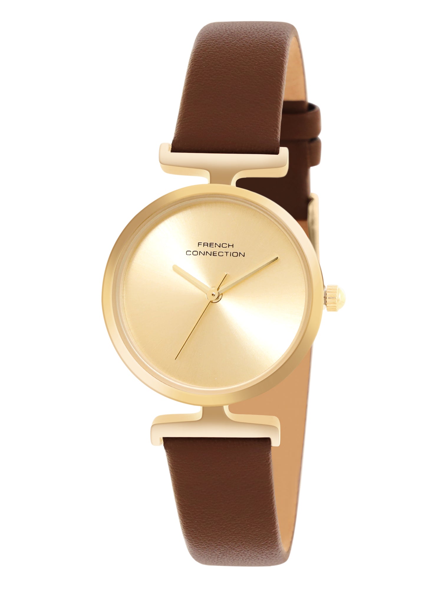 French Connection Sunray Champagne Round Dial With Dark Brown Leather Strap Watch - For Womens FCU7BRL