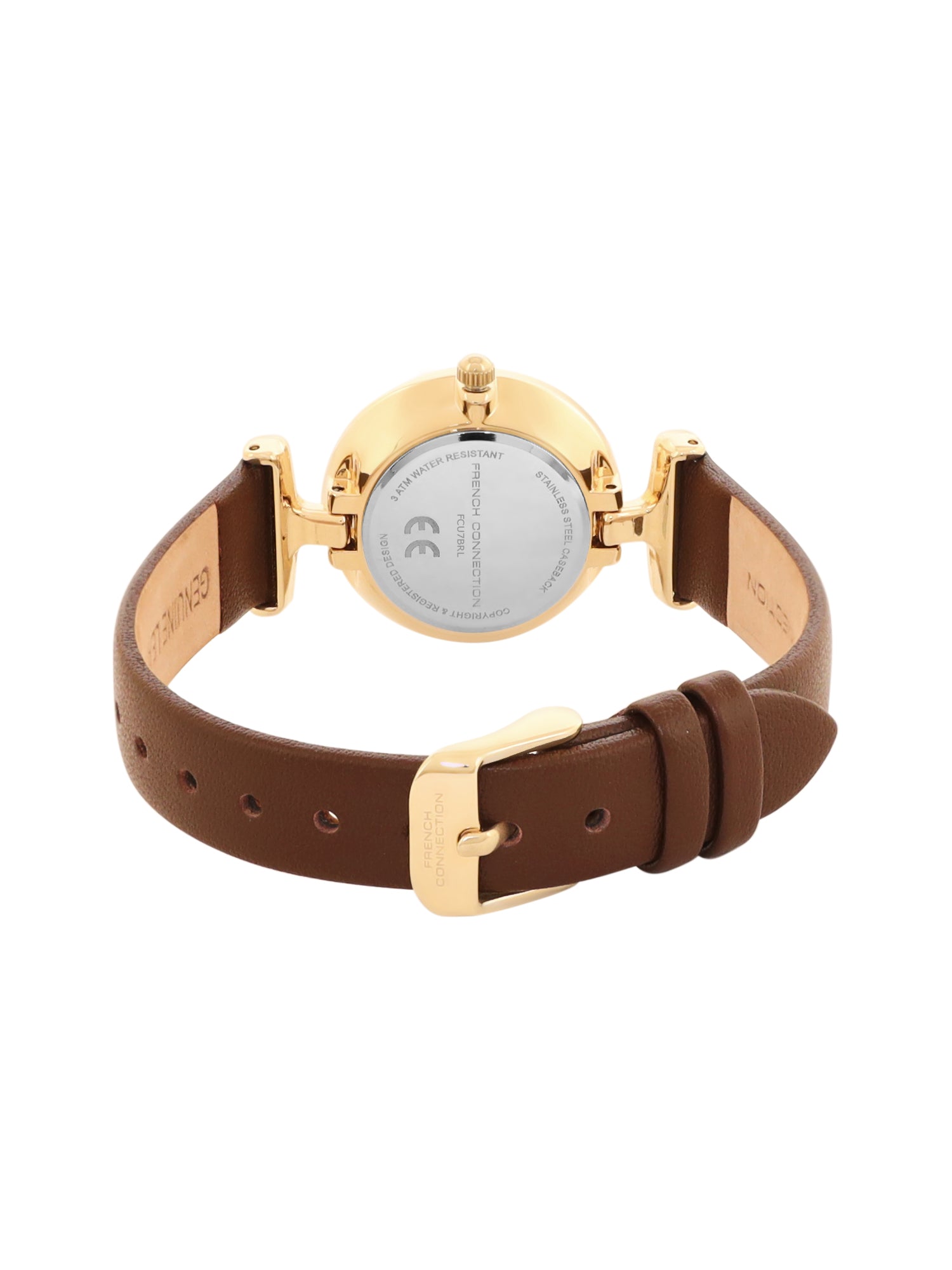 French Connection Sunray Champagne Round Dial With Dark Brown Leather Strap Watch - For Womens FCU7BRL