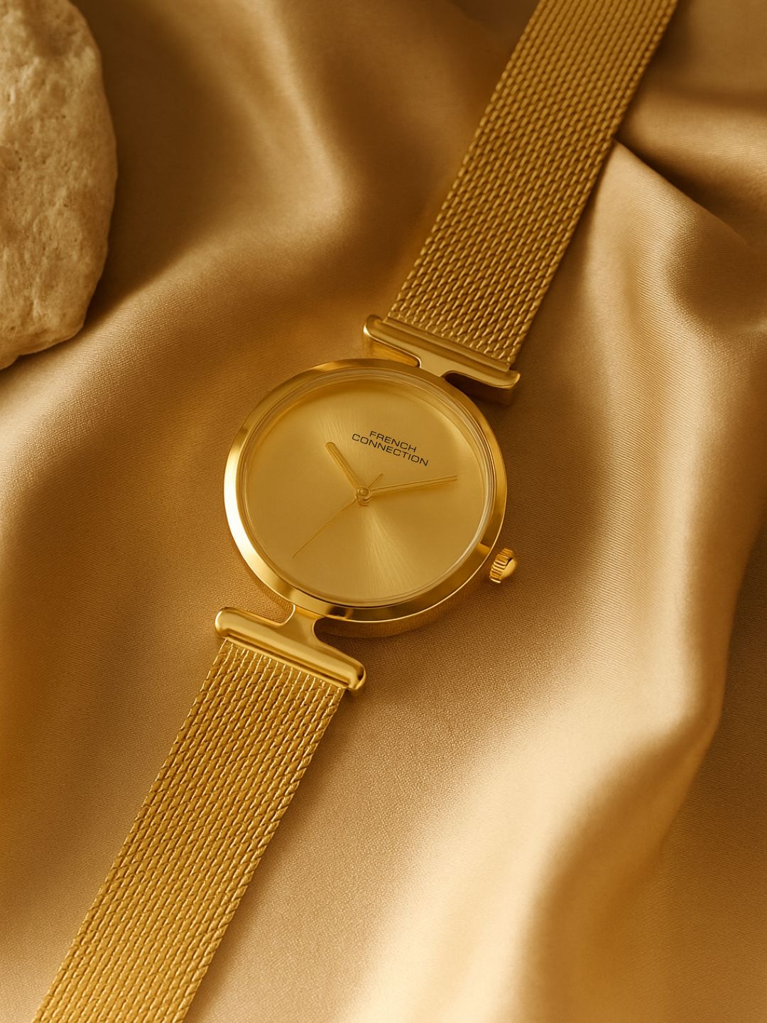 French Connection Sunray Champagne Round Dial With Gold Stainless Steel Strap Watch - For Womens FCU7GM