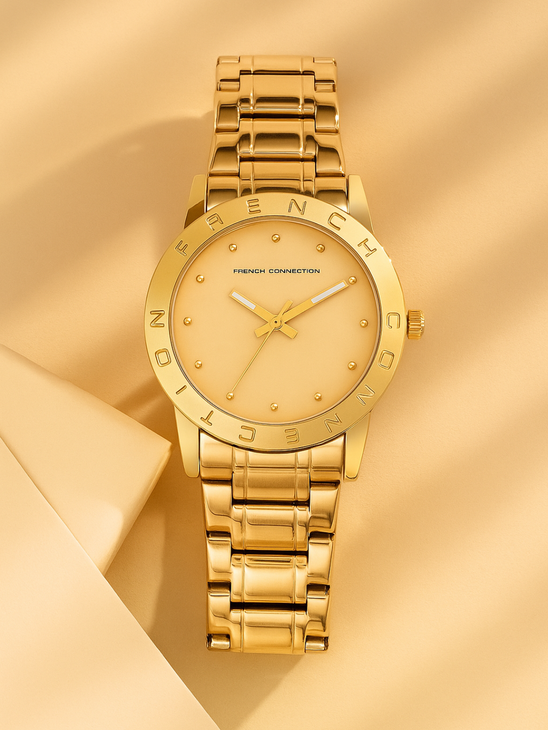 French Connection Mop Champagne Round Dial With Gold Stainless Steel Strap Watch - For Womens FCU8GM