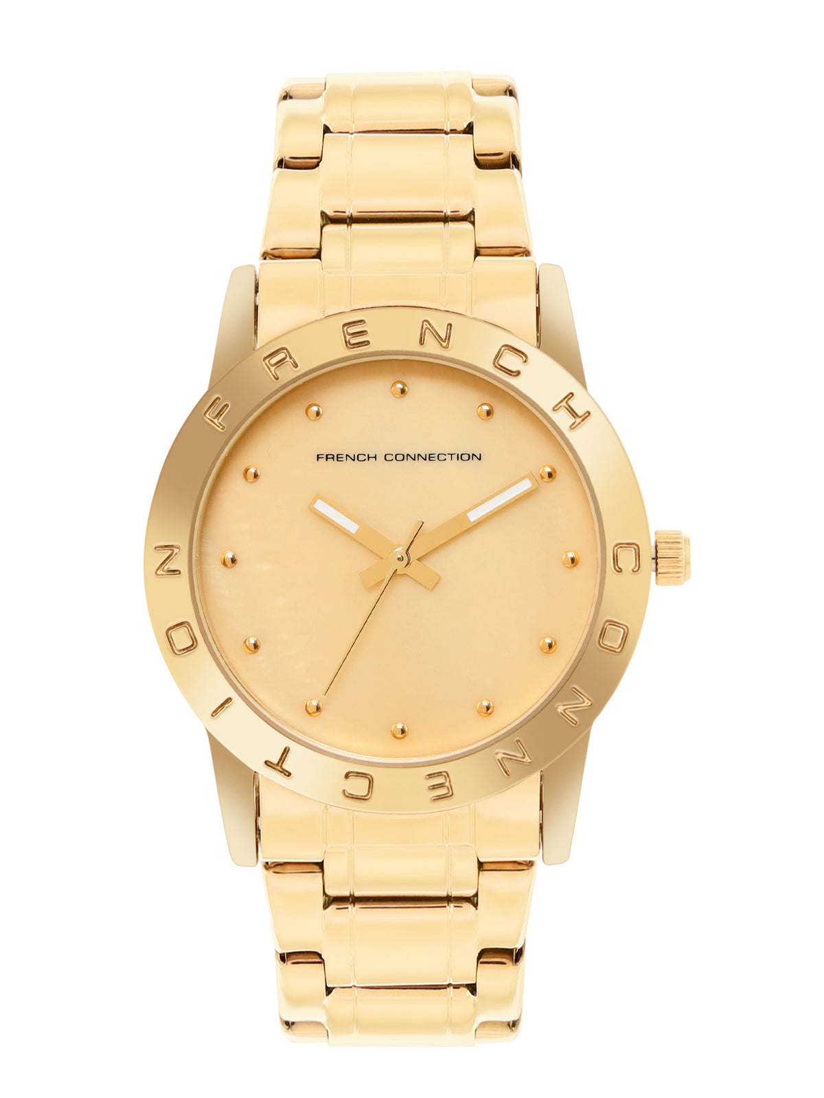 French Connection Mop Champagne Round Dial With Gold Stainless Steel Strap Watch - For Womens FCU8GM