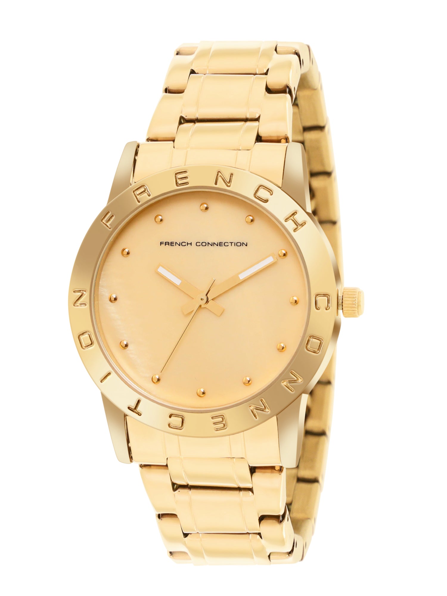 French Connection Mop Champagne Round Dial With Gold Stainless Steel Strap Watch - For Womens FCU8GM