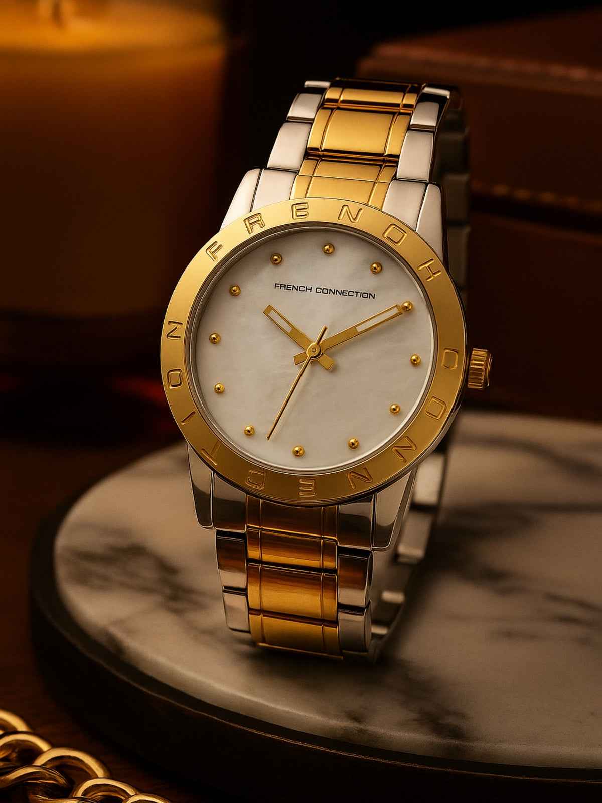 French Connection Mop White Round Dial With Gold Two Tone Stainless Steel Strap Watch - For Womens FCU8TM